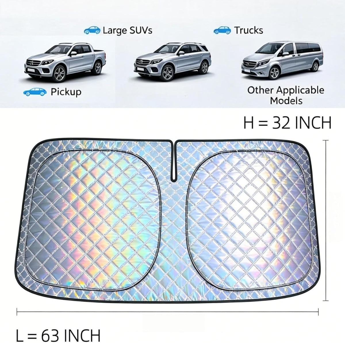 Foldable Windshield Sunshade | 5-Layer Laser Reflective Oxford Fabric Car Sun Shade with Steel Frame | UV Protection Heat Shield Sun Visor | Keeps Interior Cool & Protects Dashboard XXL (63 * 32 inch)
