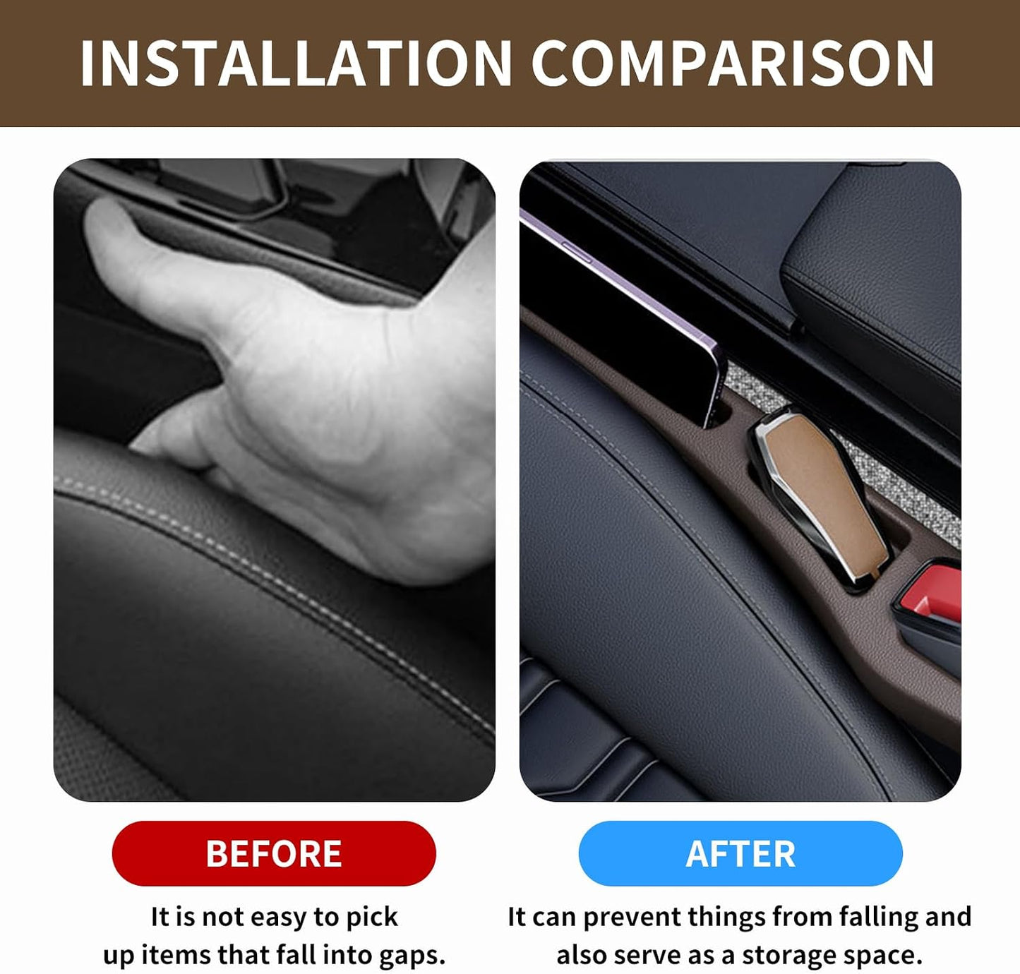 2PCS Car Seat Gap Filler Organizer,Multifunctional Car Gap Filler Organizer Storages Function,Universal Console Catcher Between Seats Cars Interior Accessories (Brown)