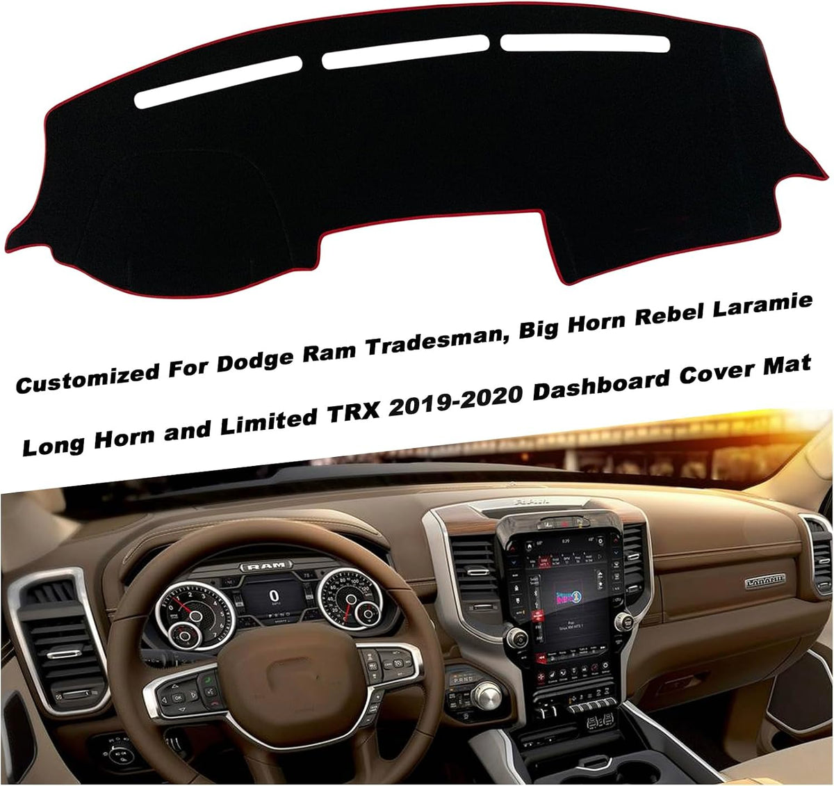 Dash Mat Cover Custom Interior Center Console Compatible with Dodge Ram Big Horn Laramie 1500 2500 3500 Pickup 2019 2020 Dashboard mat Covers Accessories (Red Rim)