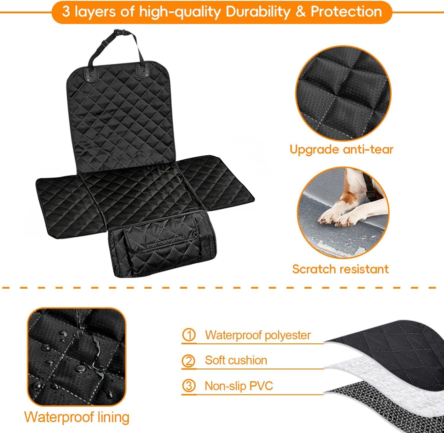 Dog Car Seat Cover for Front Seat, Waterproof & Scratch-Proof Pet Seat Protector, Nonslip Car Seat Cover for Dogs, Universal Fit for Cars, Trucks & SUVs, Standard Size