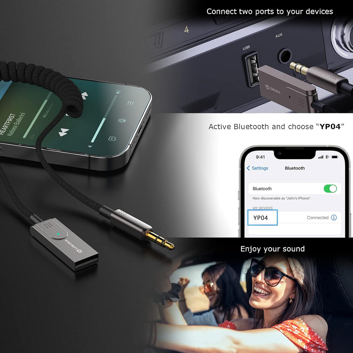 Bluetooth 6.0 Aux Adapter for Car Speaker, 3.5mm Bluetooth Receiver