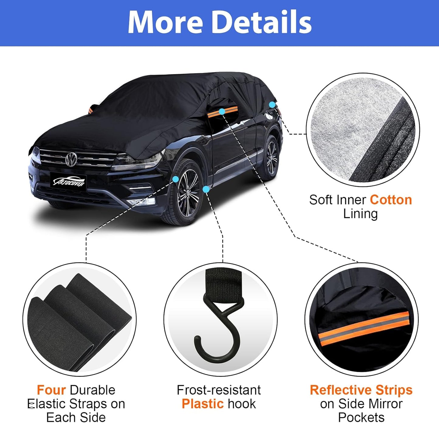 Half Car Cover Top, Hail Protector Car Cover with Cotton Liner, Sunroof & Windshield Cover for Ice and Snow, All Weather Vehicle Body Cover for Sun, Rain, Dust