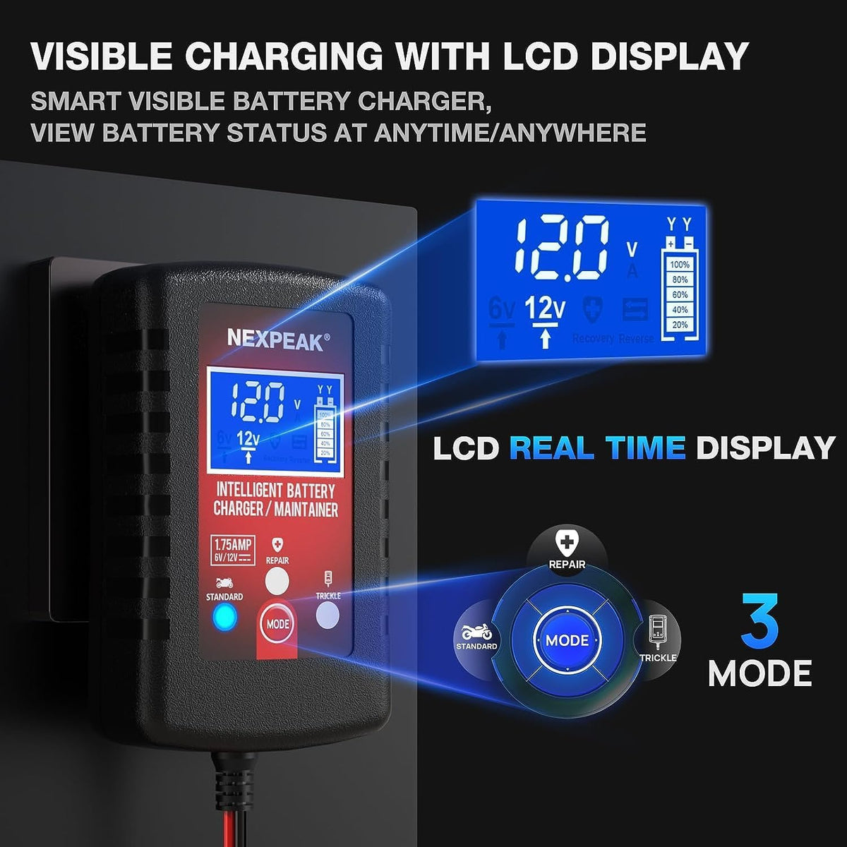 3-Pack 1.75A Car Battery Charger, 6V &12V Smart Battery Trickle Charger