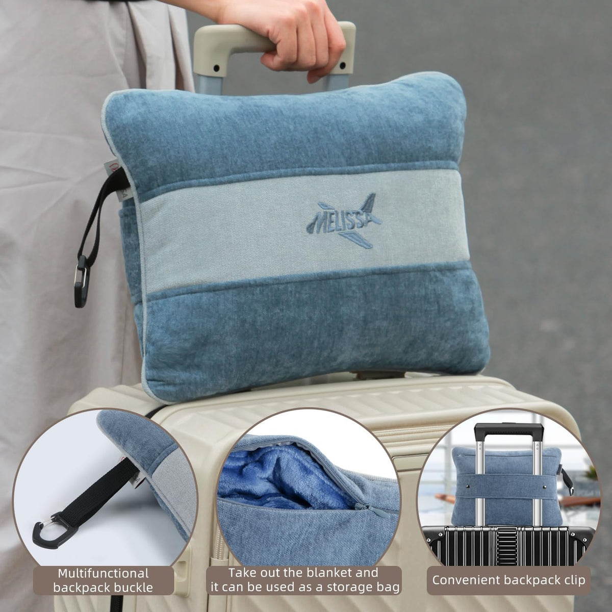 Melissa Large Soft Travel Blanket and Inflatable Pillow Set | Size - 69“ x 43.3”, Lightweight, Compact & Washable for Backpacking, Hiking, Airplane, Car, Office, Camping (Blue)