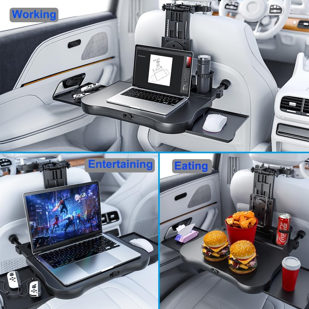 Car Back Seat Tray with Extendable Table, Car Travel Desk for Laptop with Phone Holder, Foldable Trays for Eating & Working, Car Travel Tray Table for Rear Passenger