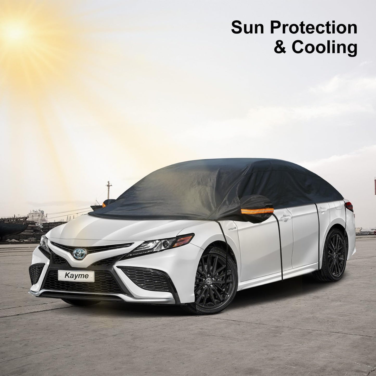 Kayme Half Car Cover, Windshield Cover for Ice and Snow Top with Reflective Straps, Roof Cover Waterproof All Weather Dust, Sun Protection. Front Rear Window Cover Fit Sedan. 3L (UP to 127'')