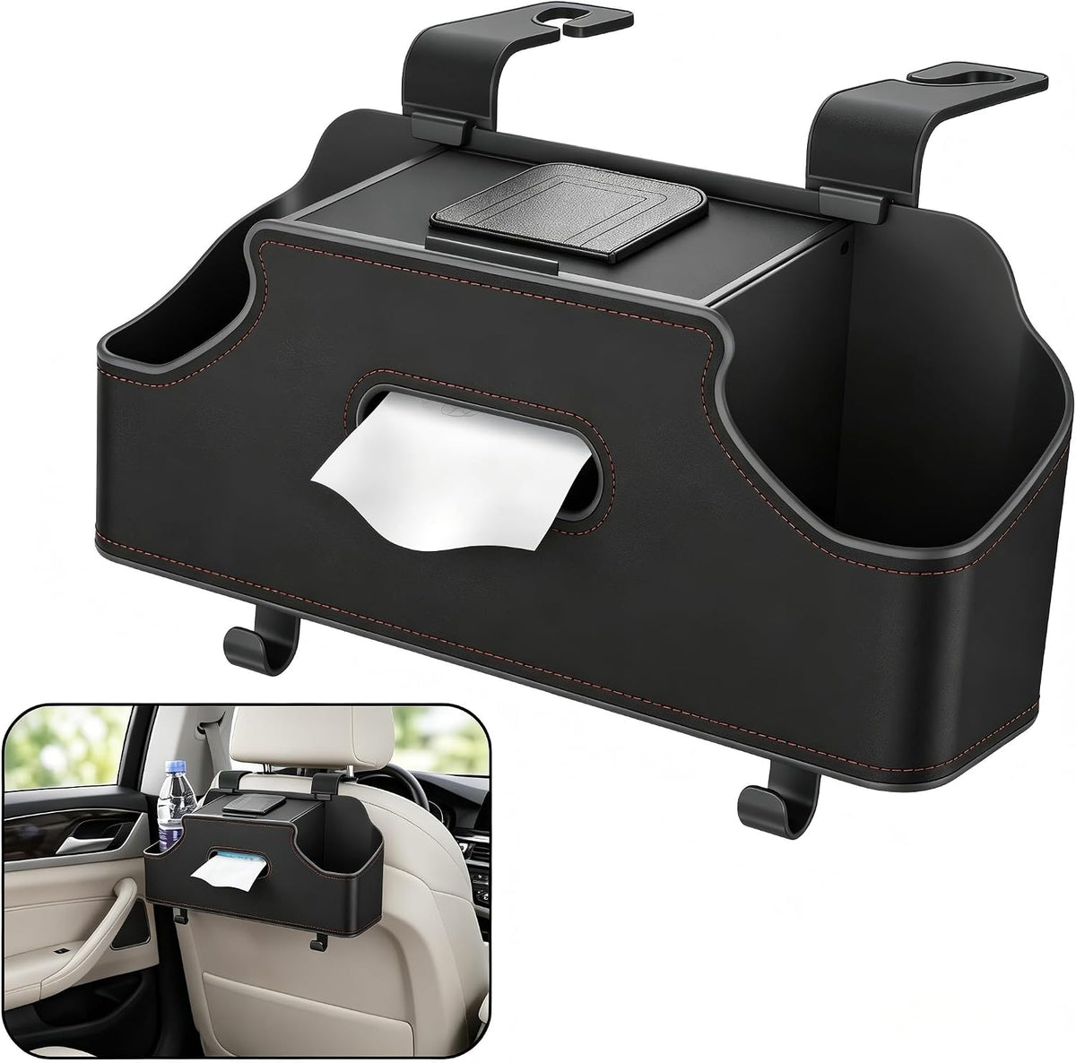 Car Seat Back Organizer, Cup Holder & Tissue Holder & Phone Stand & Dual Hooks, Multi-functional Load-bearing Storage Box for Phone Umbrella Bag, for Most Cars Trucks SUVs (Black)