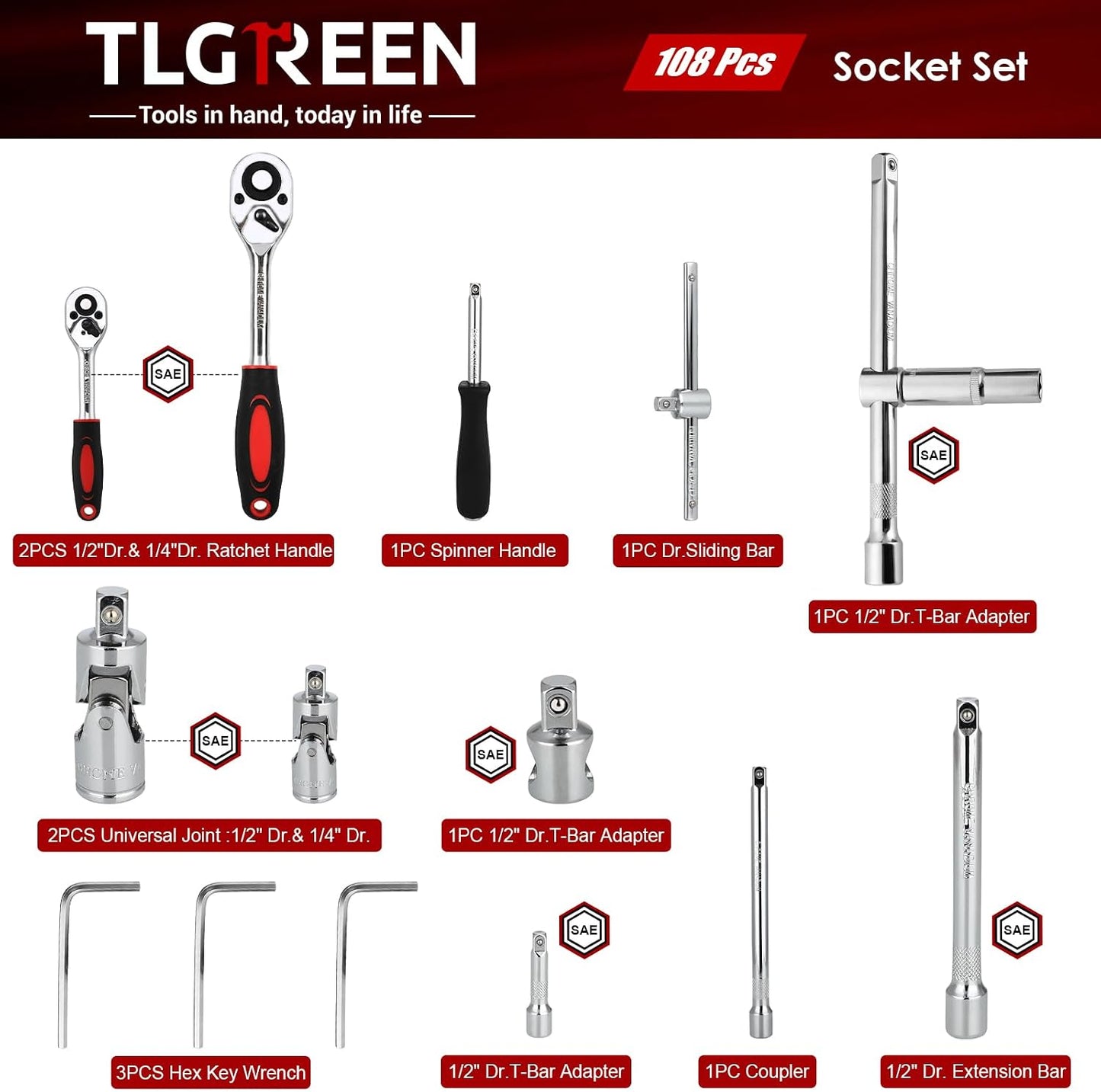TLGREEN 108 Pcs Mechanic Socket Tool Kit,CR-V Steel Metric And 1/4" & 1/2" Ratchet set,Universal Joint,Extension Bars,Adapter,Quick Release Ratchet Wrench,Tool Box Set for Car Garage Dorm