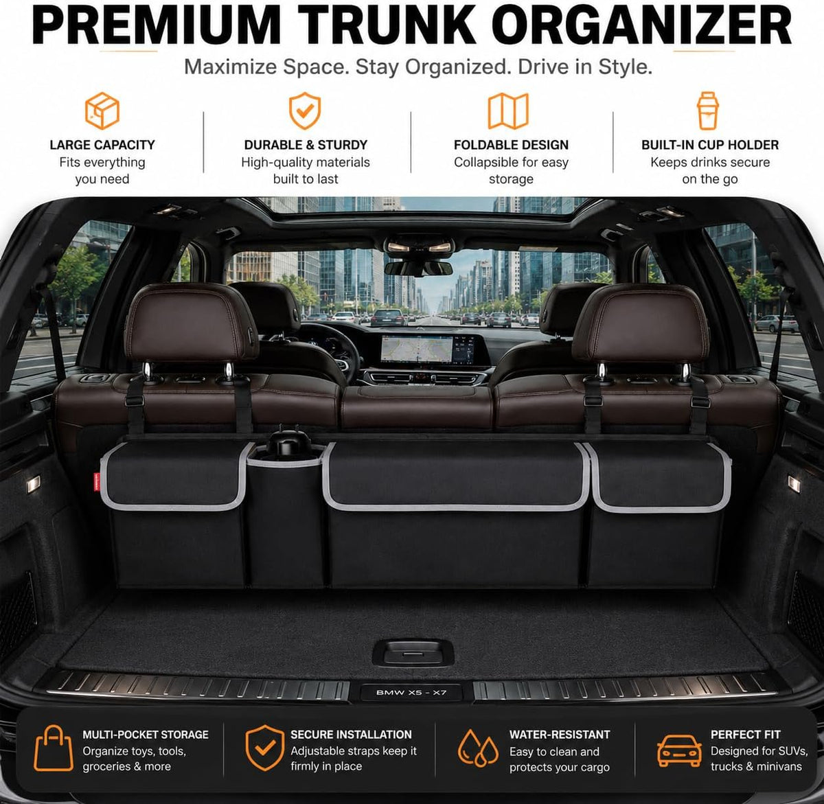 Car Trunk Organizer, Hanging Seat Back Storage Organizer with Large Pockets, Space-saving Backseat Car Organizer