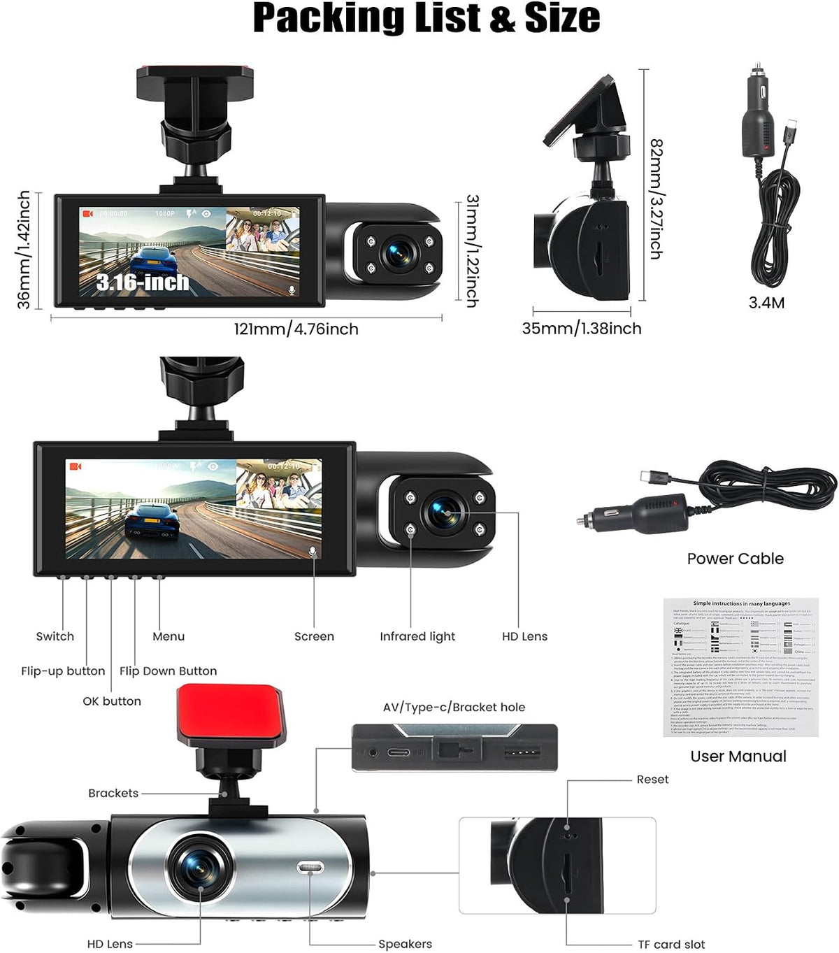 CAMECHO Dual Dash Cam Front and Inside, 1080P Dash Camera for Cars, 3.16 Inch Display, Night Vision, Loop Recording, Wide Angle, Exposure Compensation, Dashcam Driving Recorder