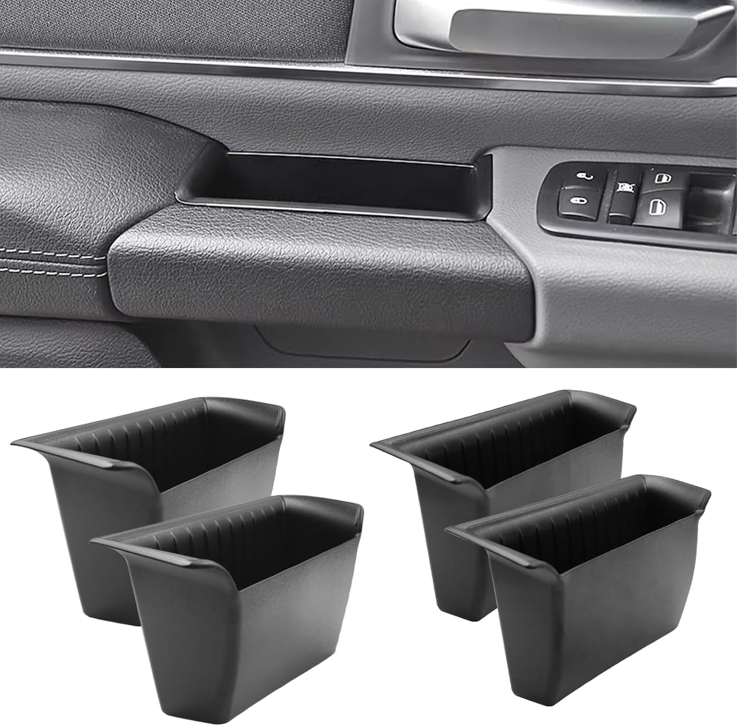 TTCR-II for Ram 1500 Door Side Organizer Tray 2019 2020 2021 2022 2023 2024 2025 2026, for Ram 1500 Door Pocket Insert 4 Pcs with White-Lines Mats (Does not fit 2500 3500)