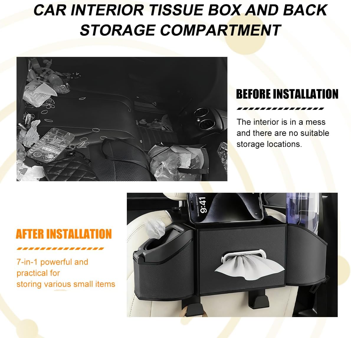 HZEL Car Seat Back Organizer, 7 in 1 Vehicle Backseat Storage Box with Cup Holder Tissue Box Trash Bin & Hooks, Multifunctional Auto Interior Headrest Organizer, Universal for SUV RV Truck (Black)