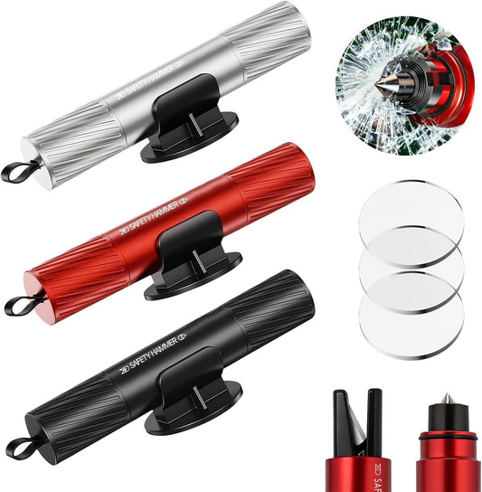 3 Pack Car Emergency Escape Tool, Upgraded Underwater Glass Breaker Hammer with Seatbelt Cutter, Multifunctional Vehicle Safety Rescue Tool Red Black Silver