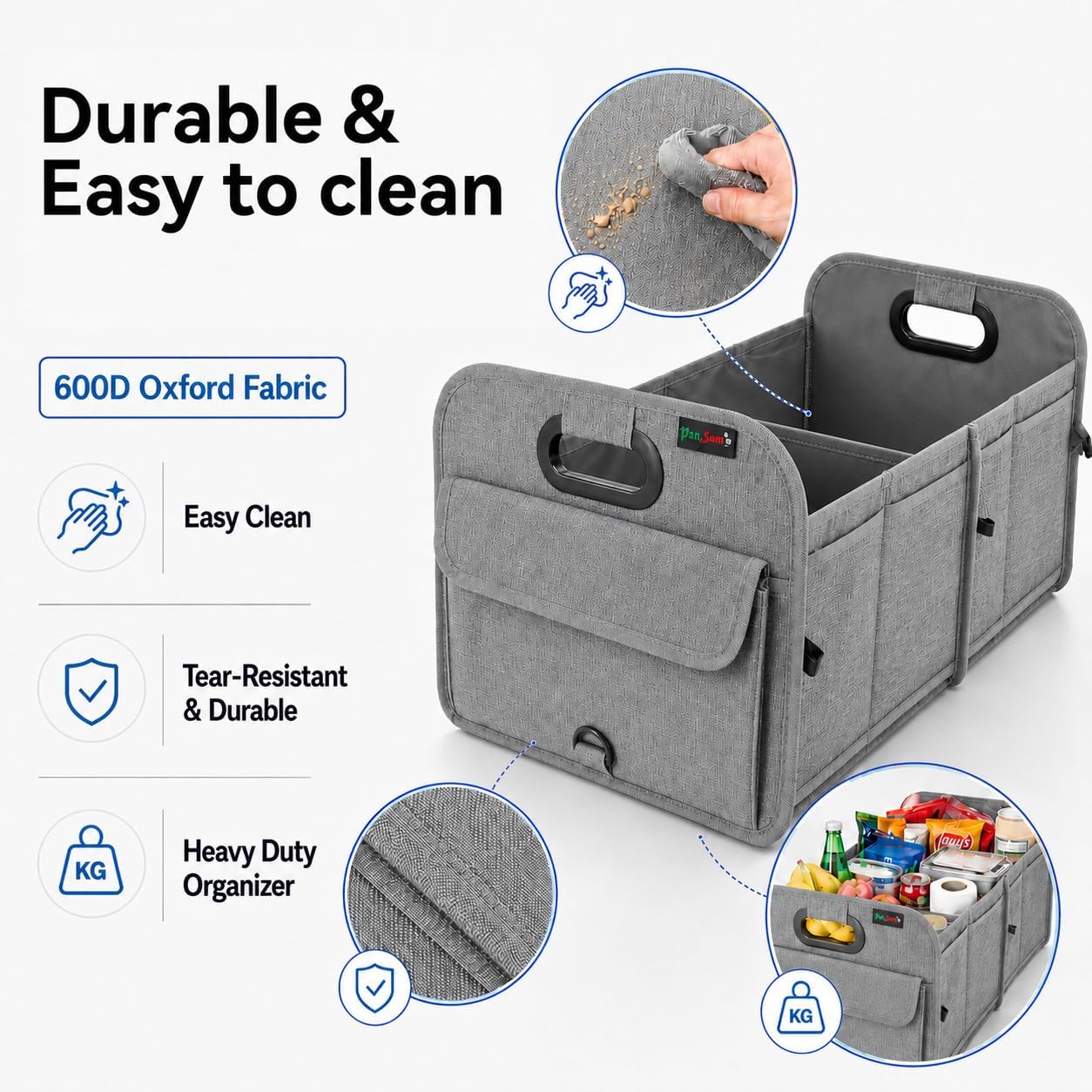 PAT SAM'S Trunk Organizer for SUV, Collapsible Car Trunk Organizer with Dividers, Waterproof 600D Oxford, Non-Slip Storage Organizer for Groceries, Tools, Travel, Truck & Car (Grey)