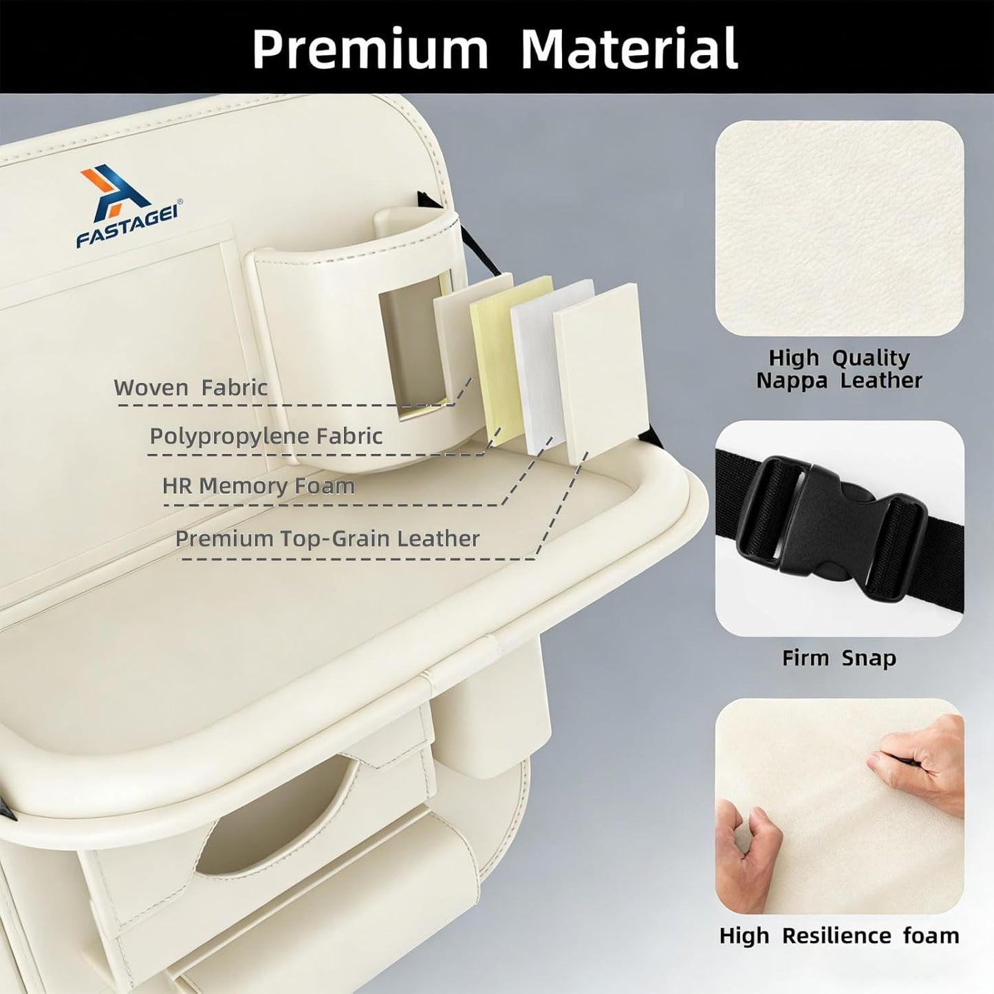Universal Premium Leather Foldable Car Backseat Organizer with Table Tray, Car Seat Back Protector with Garbage Bag Touch Screen Pad Holder, Car Kick Mats Protector with Tissue Holder (Beige)