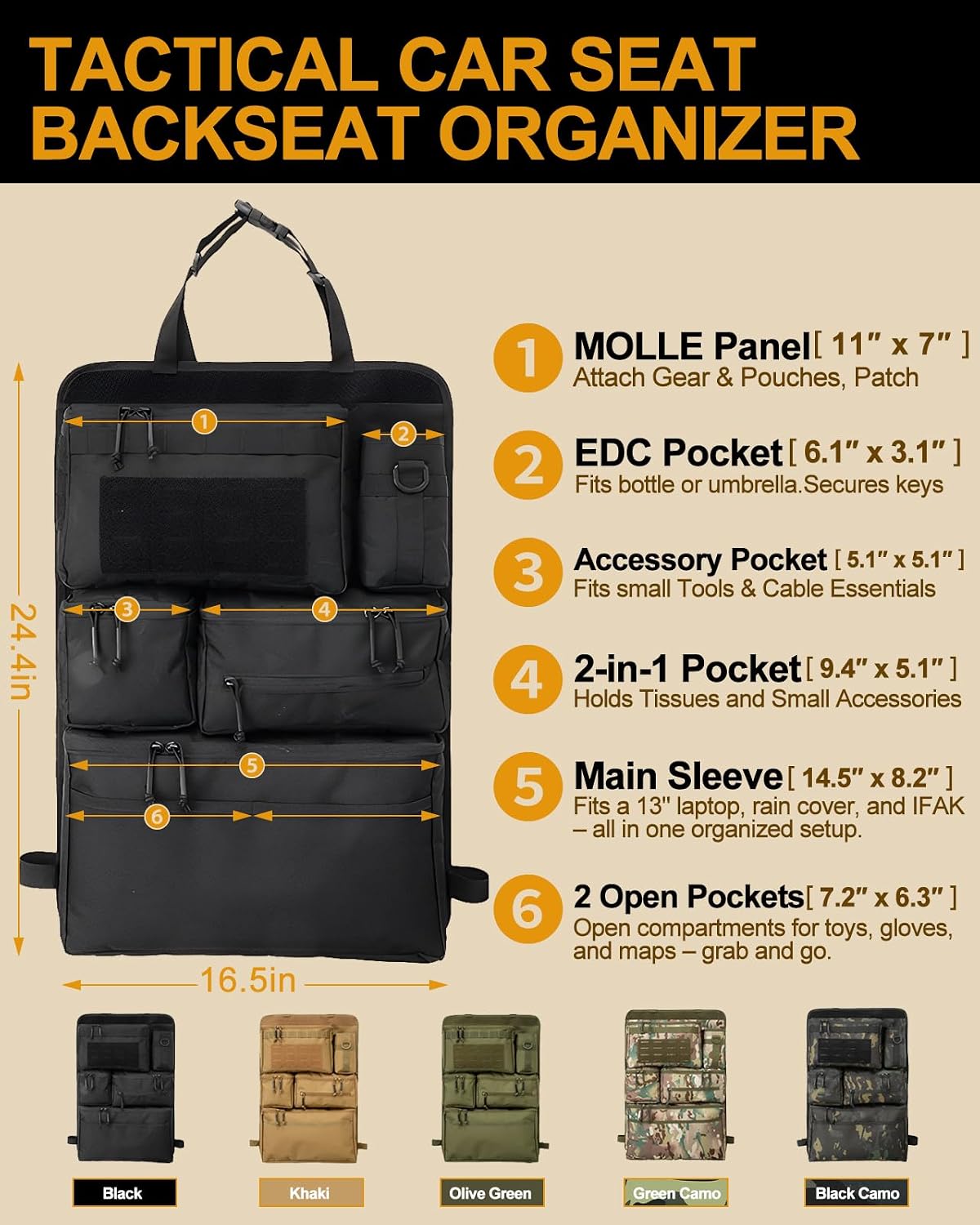 Car Seat Back Organizer – Molle Panel, Heavy Duty, Waterproof storage