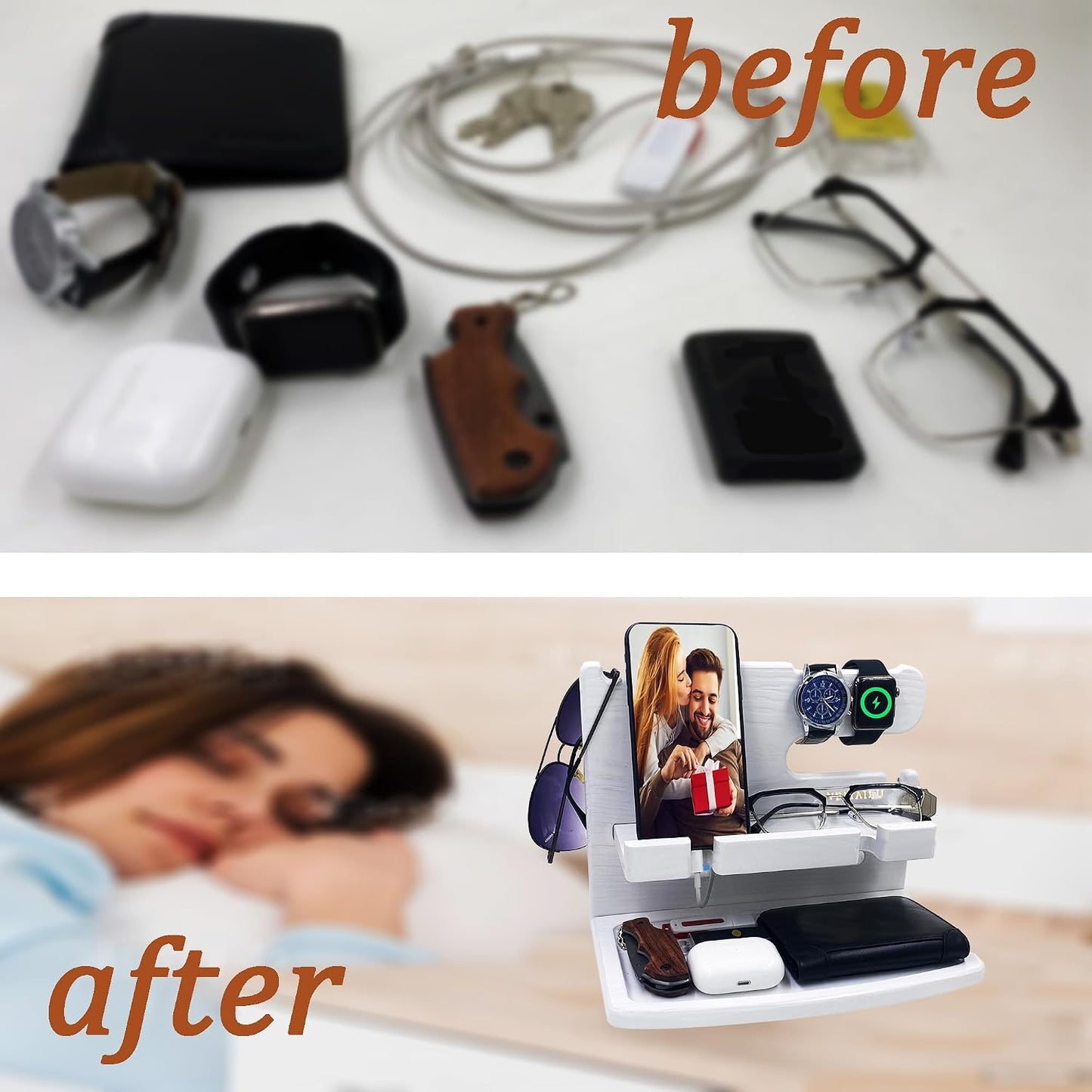 VEIYAILU Gifts for Women Girlfriend Him Men Dad Husband Boyfriend Nightstand Organizer Wood Phone Docking Station(White)