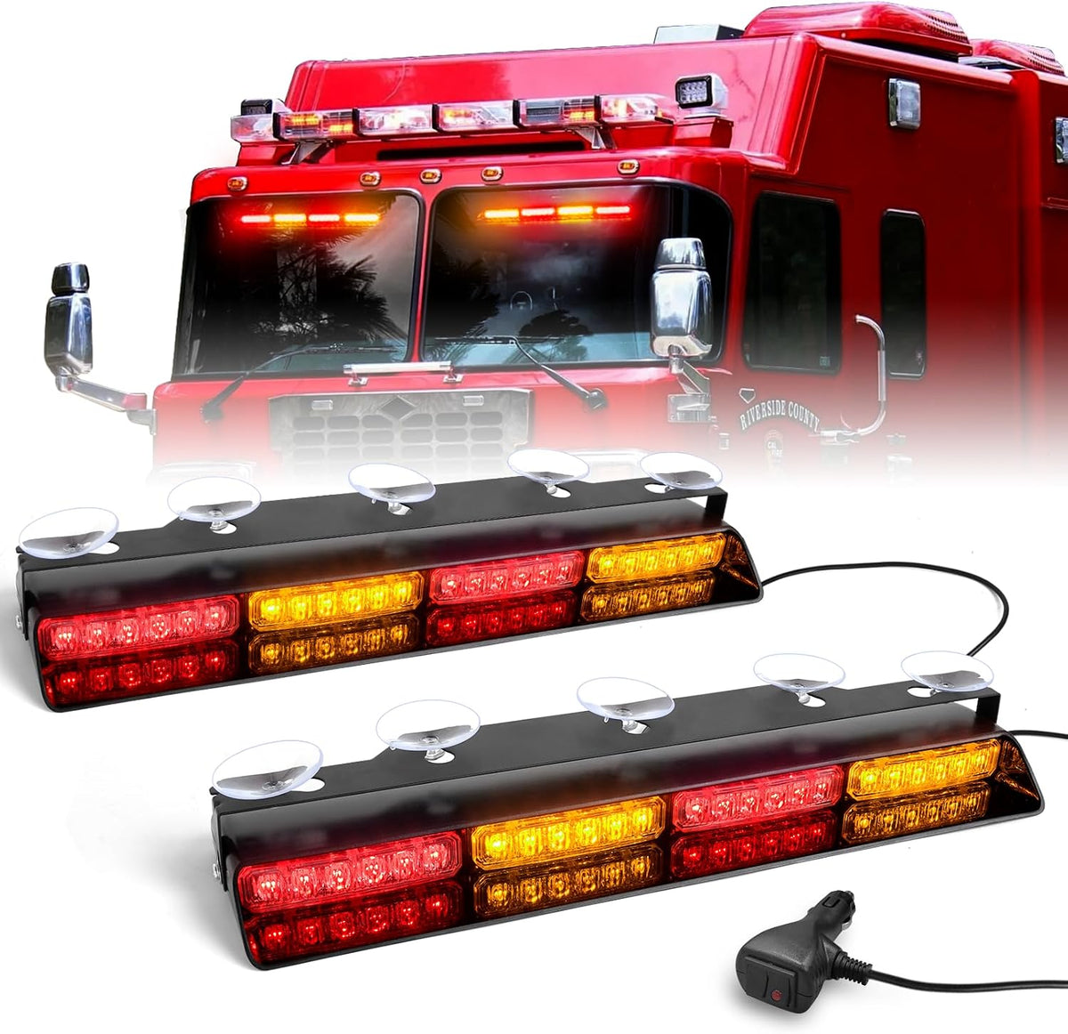 HLauto 6Z4J Emergency Dash Strobe Lights: 2x16.8 inch Red Blue Safety Lights, 48 LED Flashing Warning Hazard Interior Windshield Visor Traffic Light Bar for Trucks, Construction Vehicles