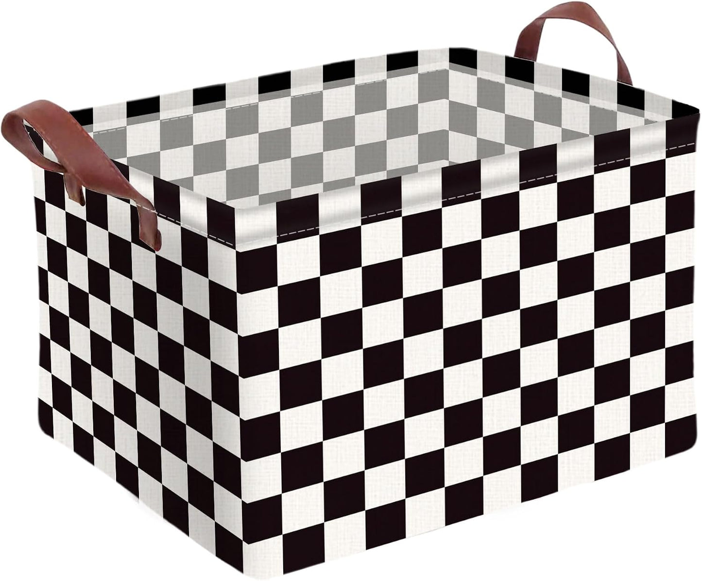 Checkered Storage Basket Waterproof Canvas Toy Storage Bin Race Car Room Decor Collapsible Outdoor Basket with Leather Handles Checkered Decor Car Blanket Baskets For Closets,Bedrooms,Gifts Baskets