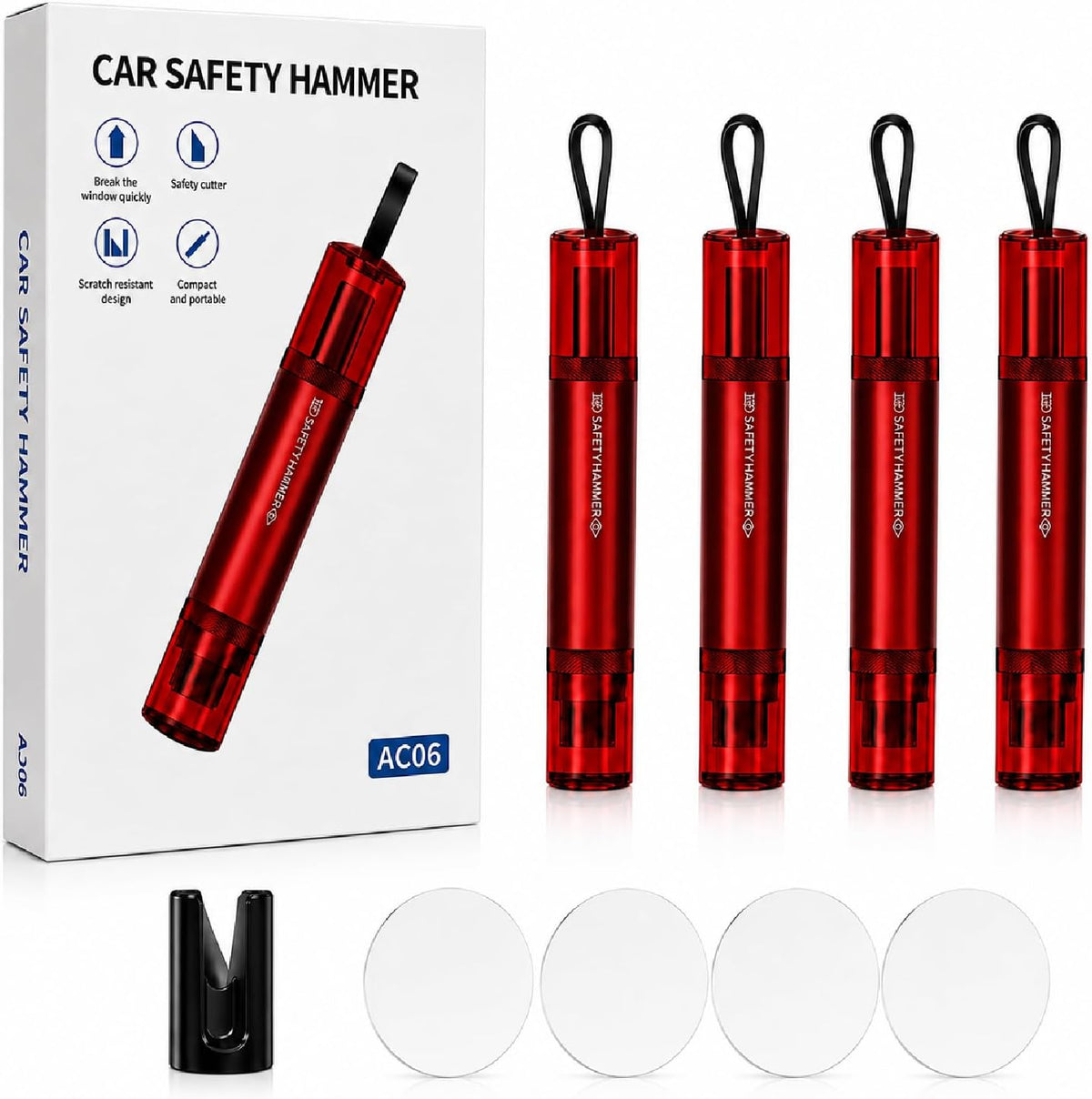 4 Pack Car Window Breaker and Seatbelt Cutter, Red