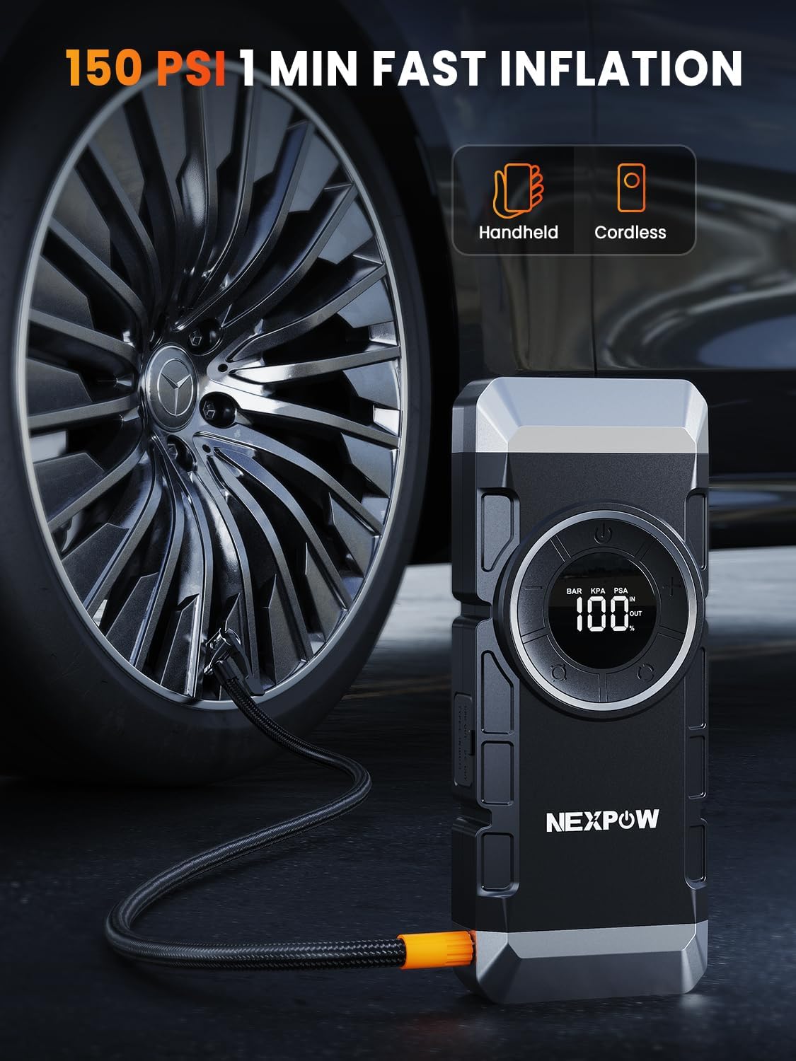 NEXPOW Car Battery Jump Starter with Air Compressor 3000A Peak,12V 150PSI Portable Jumpstart Box for Up to 8L Gas and 8L Diesel Engines, PD18W Quick Charging, Force Start Button