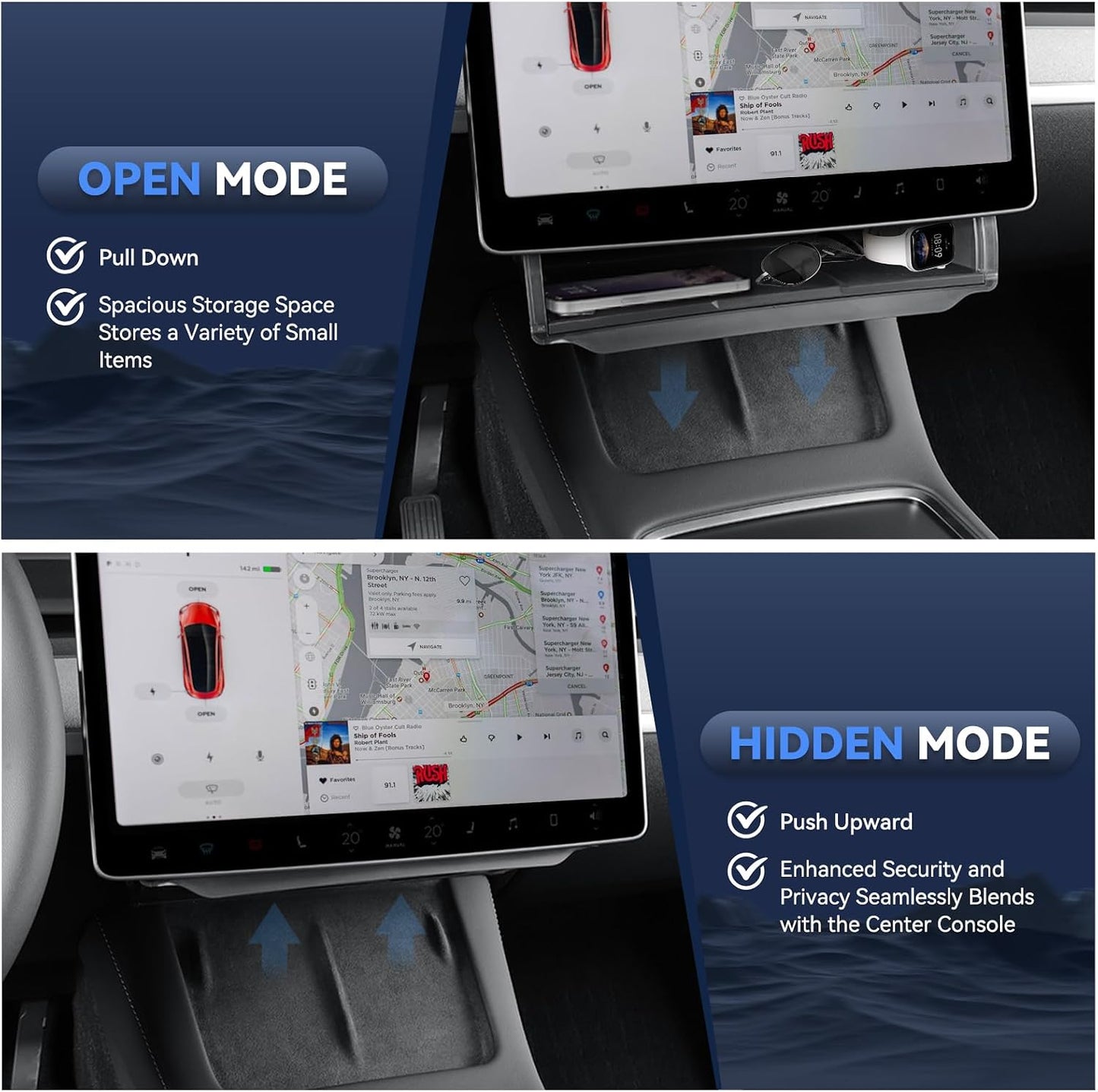 Under Screen Storage Box for Tesla 2020-2025 Model Y 2020-2023 Model 3, Hidden Design & Stable Installation, Hiddenable Privacy Storage with Anti-Slip Silicone Pad for Model Y 3 Accessories