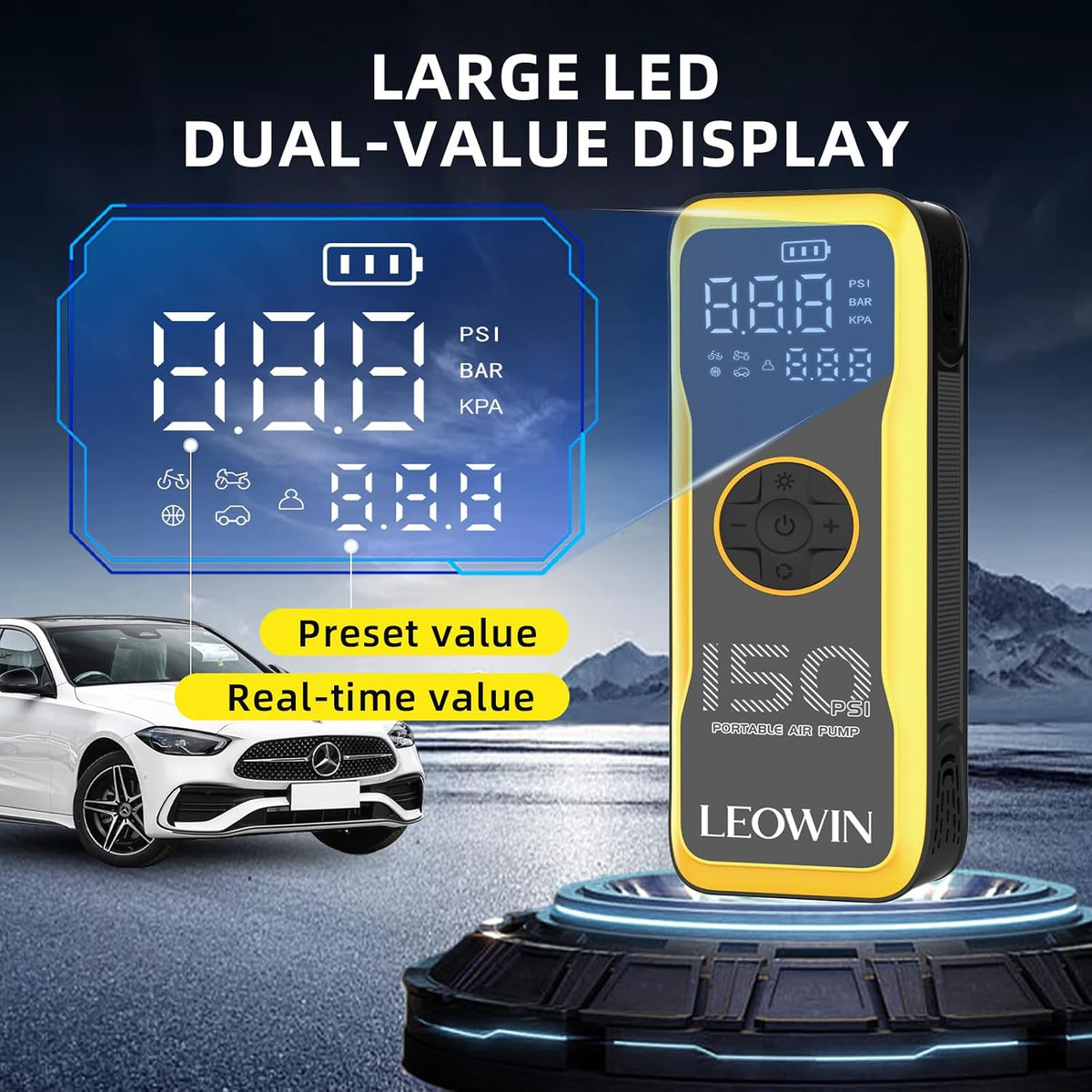LEOWIN Portable Tire Air Pump with Digital Tire Pressure Meter/LED Light