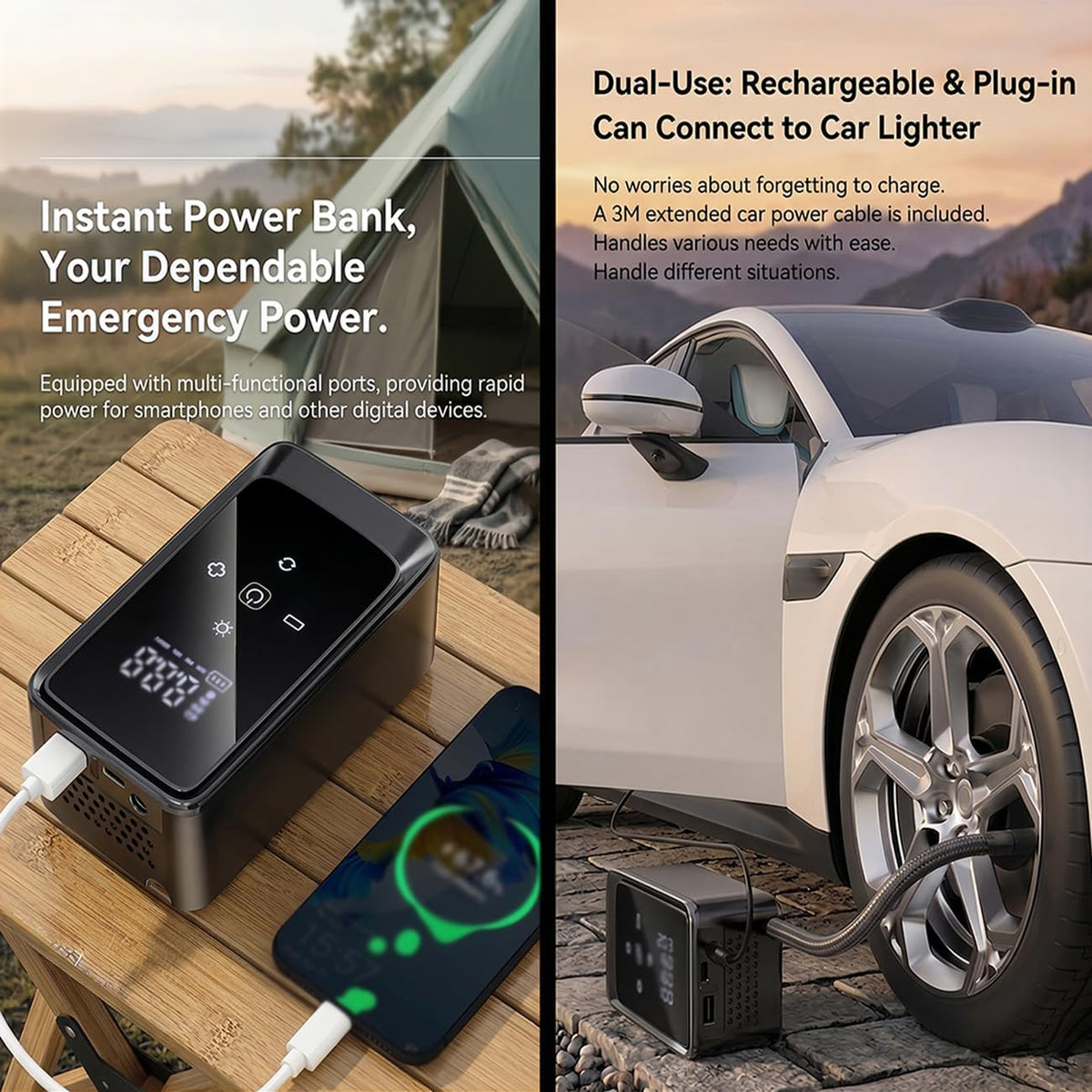 Tire Inflator Portable Air Compressor, Dual Power 12V DC/Rechargeable