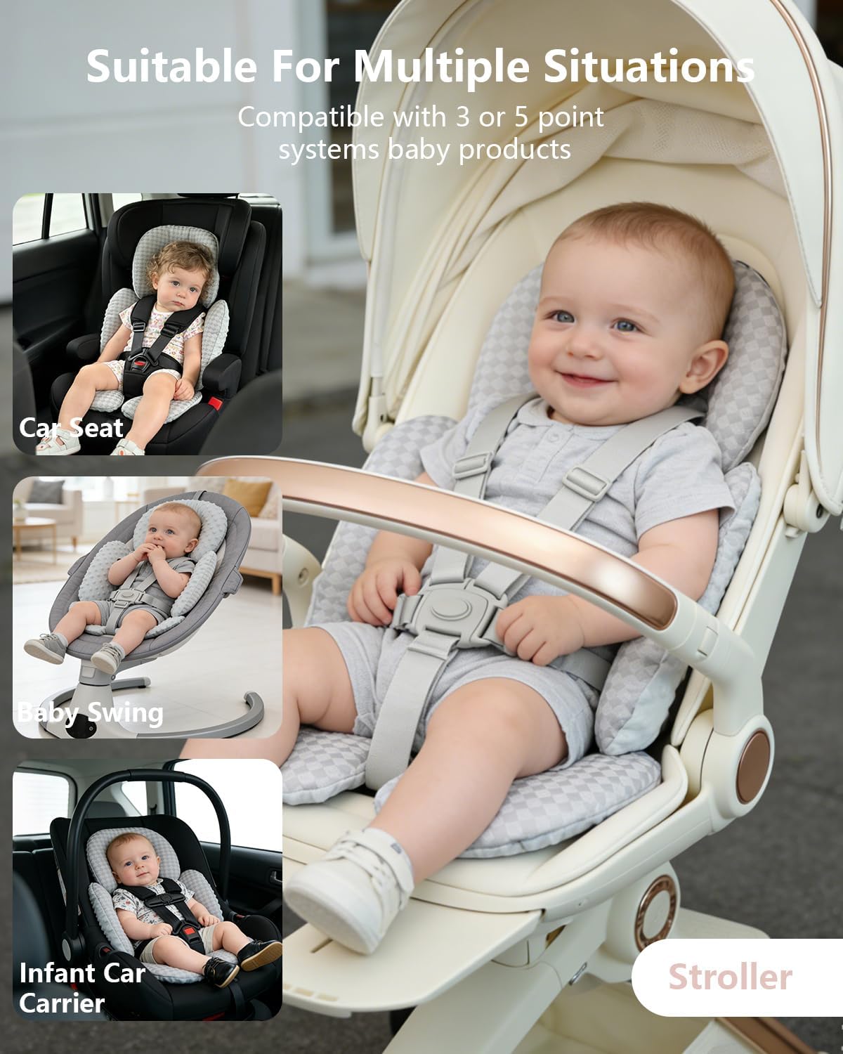 KAKIBLIN Infant Car Seat Insert for Baby, Car Seat Cooling Pad, Reversible Newborn Car Seat Insert Head Body Support for Summer, Fits for Stroller, Swing, Bouncer, Bassinet, Boys and Girls (Grey)