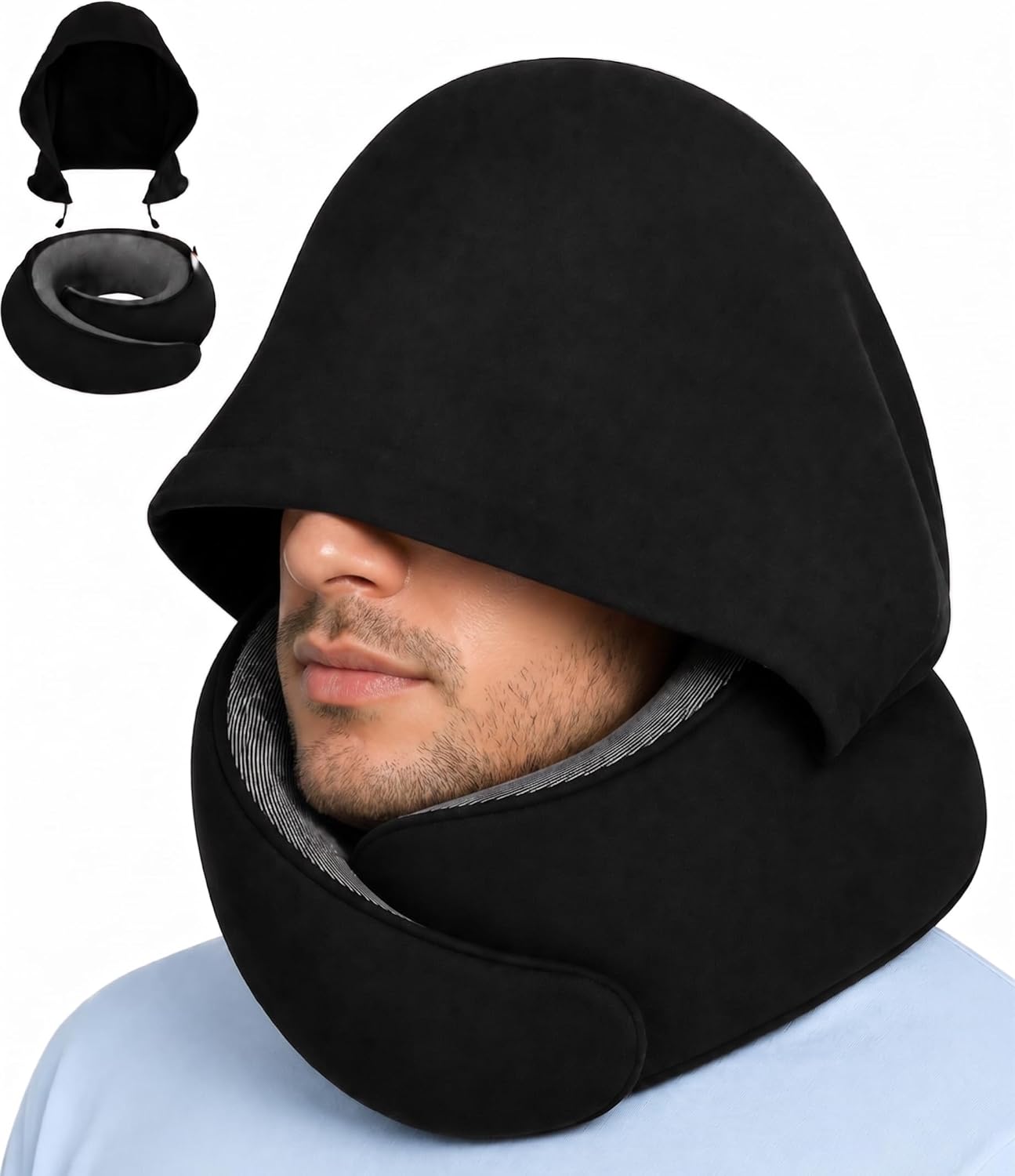 Dot&Dot Travel Pillow Neck Pillow with Hood for Airplane Sleeping, Memory Foam Pillow with Chin Support, Detachable Hoodie, Washable Cover, Adjustable Velcro Fit for Flights, Car & Office