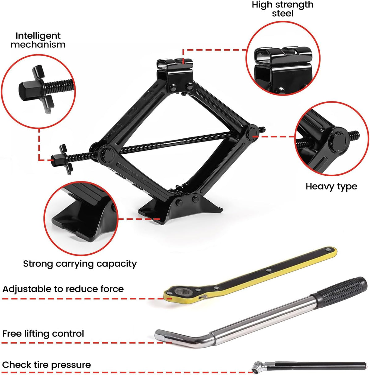 KROAK Scissor Jack Lift 2T, Car Jack Kit Tire Jack with Ratchet Wrenches & Telescopic Wrenches, Universal Emergency Kit 4409 lbs, Portable Tire Changing Kit for Vehicle/SUV/MPV