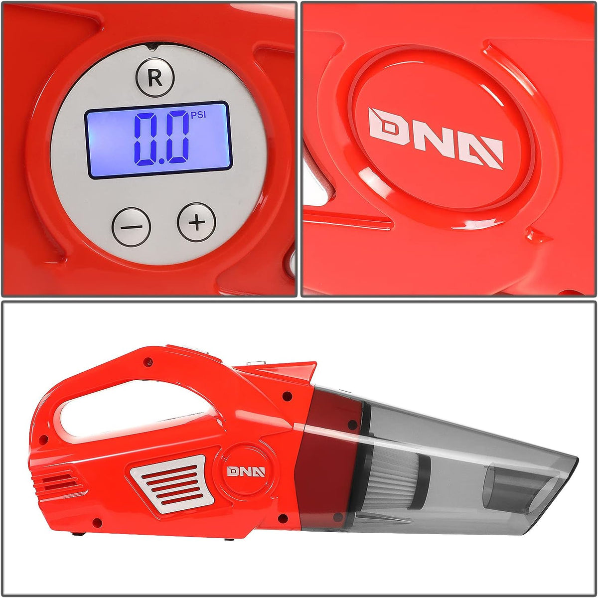 DNA MOTORING TOOLS-00182 Portable Handheld High Power Mini Corded 2 in 1 Vacuum Cleaner, Air Compressor w/Digital Tire Pressure Gauge & LED Light, Car Cleaning Kit,Red