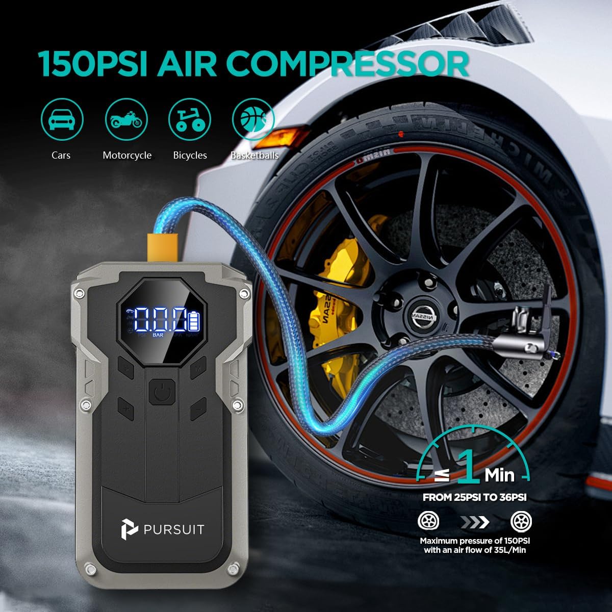 Jump Starter with Air Compressor, 2000A Peak Car Battery Booster(8L Gas/6L Diesel), 150PSI Tire Inflator Portable 12V Jump Box Car Battery Jumper Starter with Jumper Cable, LED Lights, LCD Display