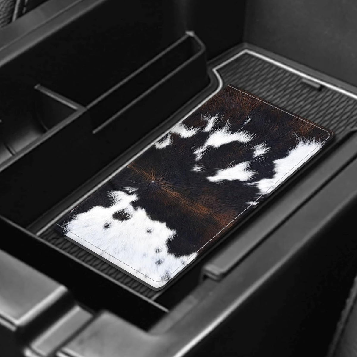 Leather Car Registration and Insurance Card Holder, Cute Car Accessories Vehicle Glove Box Car Organizer for Documents, Cards, License Black White Cowhide