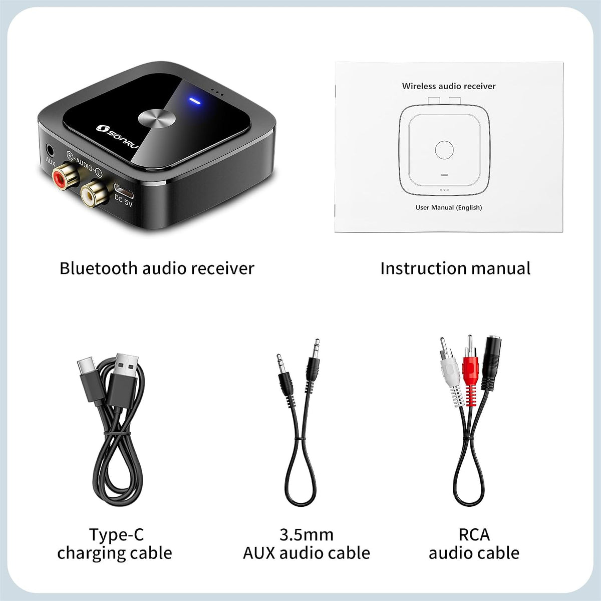 SONRU Bluetooth 6.0 Receiver, Bluetooth Adapter for Old Receiver, Low Latency, 24-Hour Battery Life with AUX 3.5mm/RCA, HiFi Wireless Audio Adapter for Speakers/Home Music Streaming Stereo System