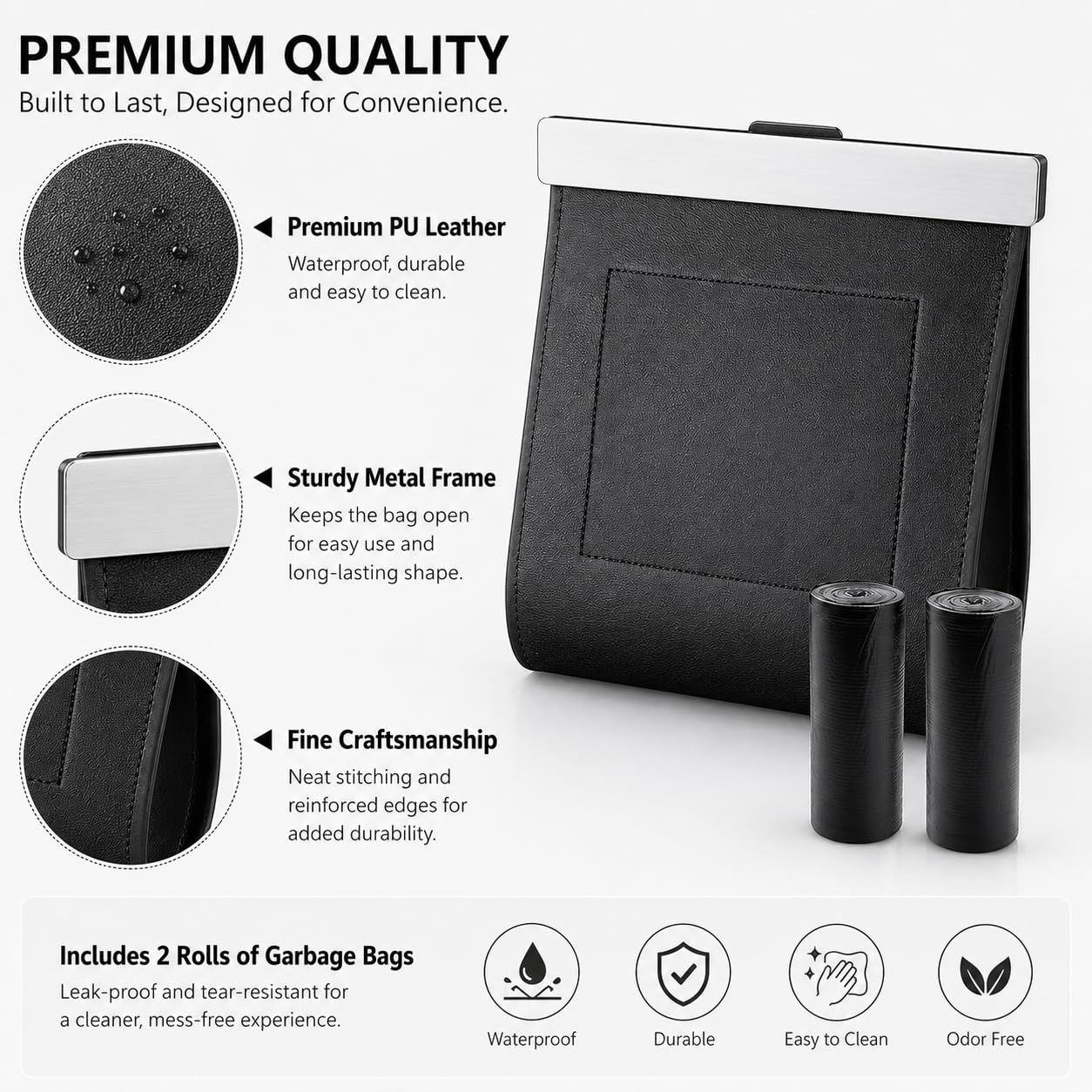 Premium Car Trash Can with Magnetic Lid, Waterproof Leakproof PU Leather Vehicle Garbage Bin, Foldable Hanging Auto Trash Bag for Seat Back Pocket, Fits Cars SUVs Trucks, Includes 2 Rolls Trash Bags