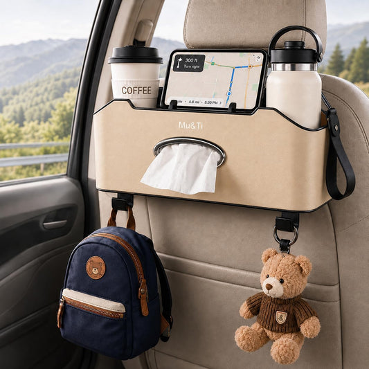Mu&Ti Back Seat Car Organizer with Cup Holders Tissue Box Holder, Phone Stand and Hooks Multifunctional 4 in 1(Beige)