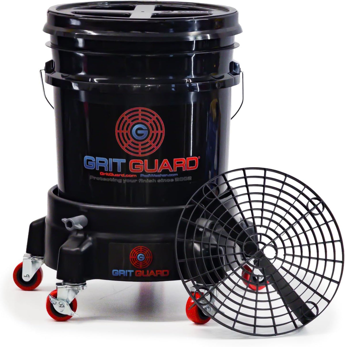 Grit Guard 5 Gallon Washing System | Includes 5 Gallon Bucket, Grit Guard, Bucket Dolly, and Gamma Seal Lid | for Car Wash and Detailing | Red - Made in the USA