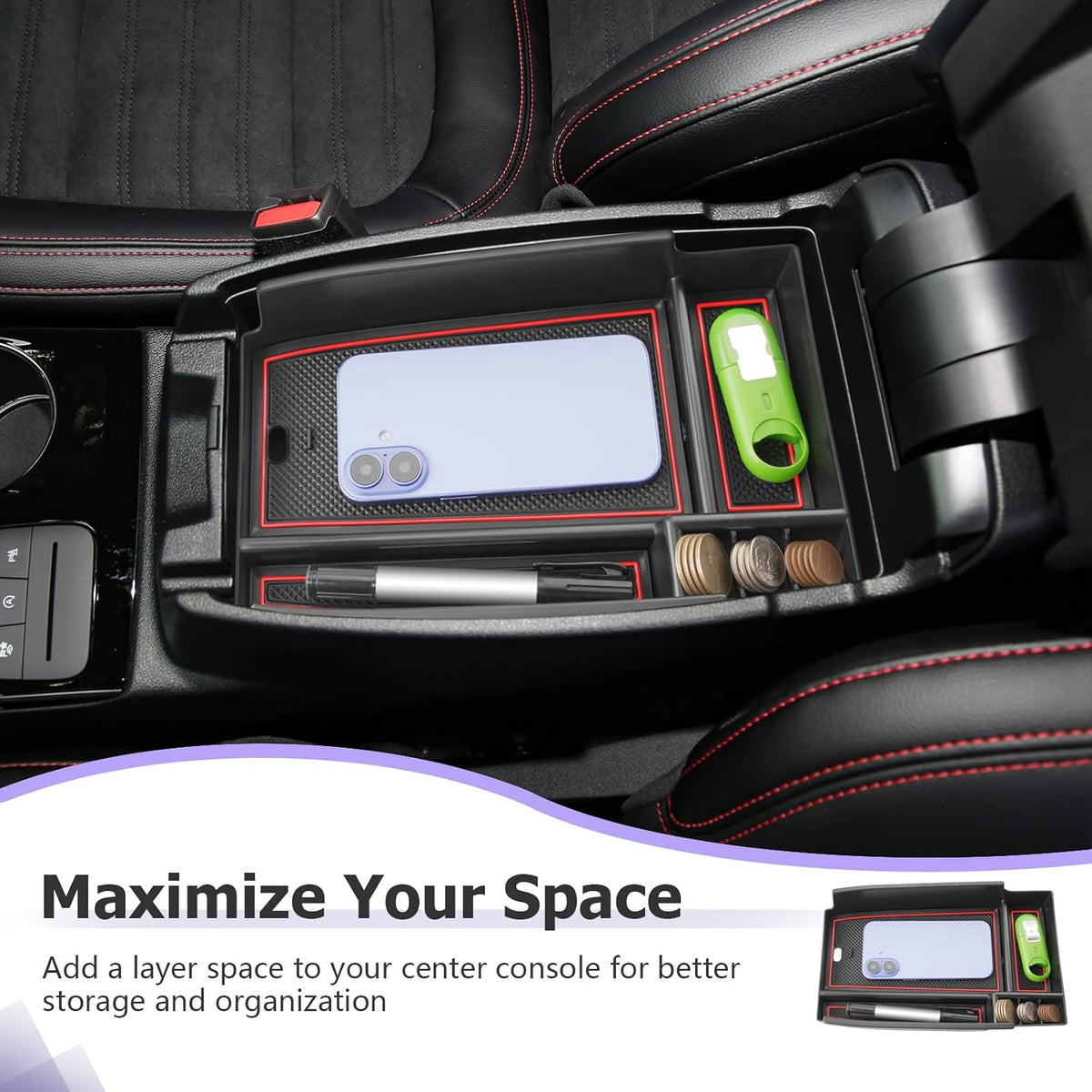 LUWU Center Console Organizer Compatible with Ford Escape 2020-2025 2026 Accessories Bronco Sport 2021-2025 Accessories Armrest Console Storage Box Insert Tray ABS Material Black Coin Container Red