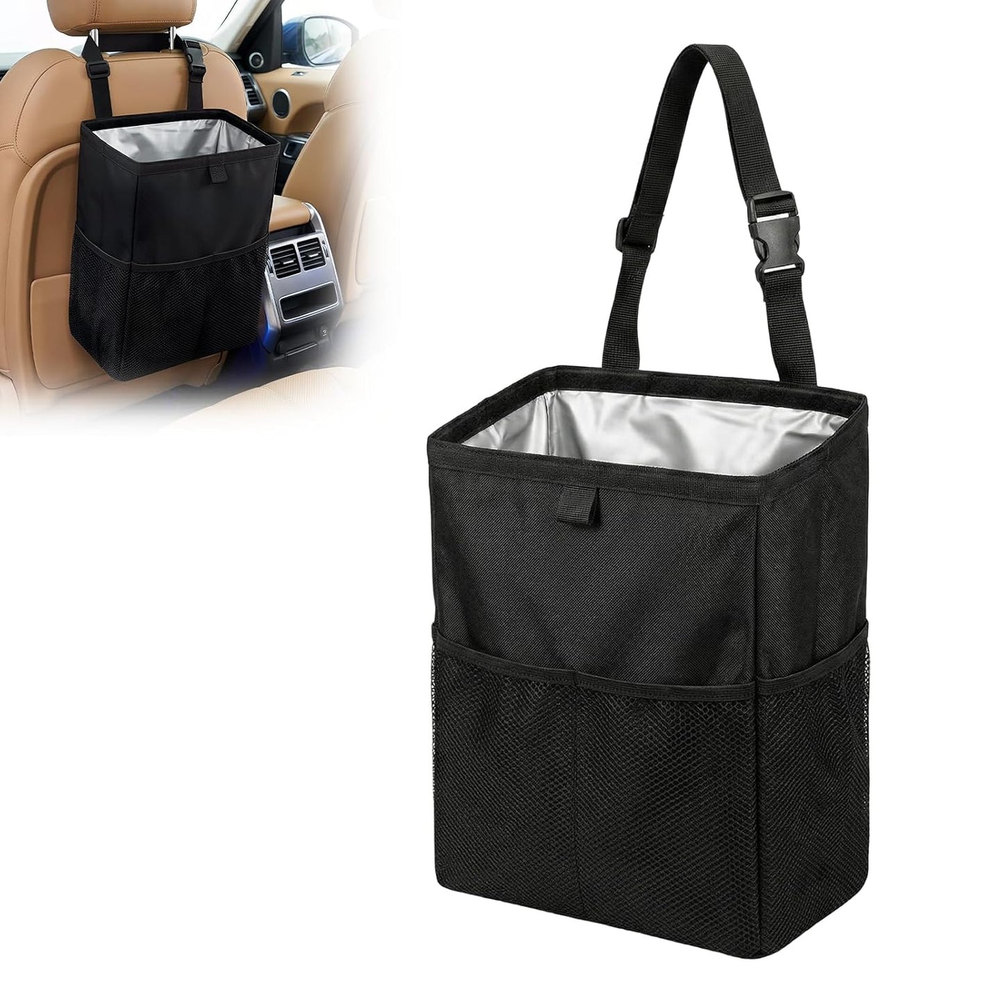 Waterproof Car Trash Bag with 50 Garbage Bag, 3.5 Gallon Hanging Leak-Proof Car Garbage Can for Back Seat with Storage Pockets, Foldable Hanging Trash Bin for Camping & Road Trips (Black)