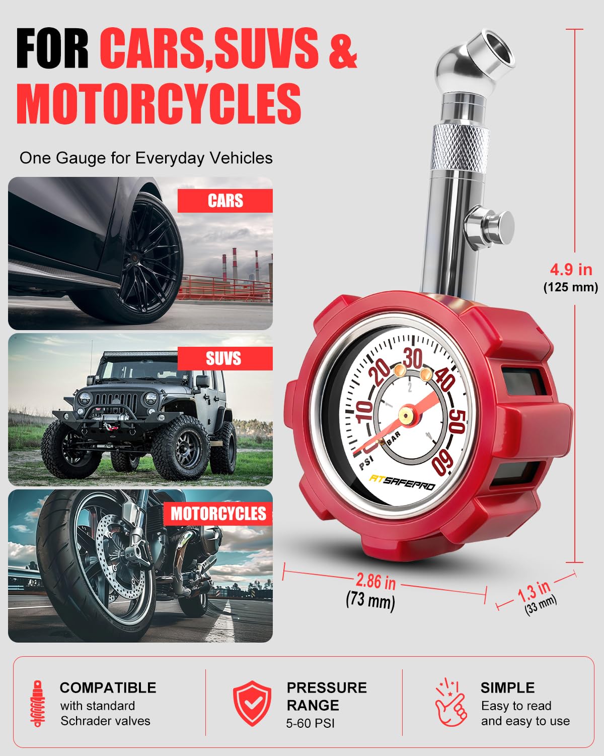 Tire Pressure Gauge 5-60 PSI, Analog 2" Dial, ANSI B40.1,Hold Function
