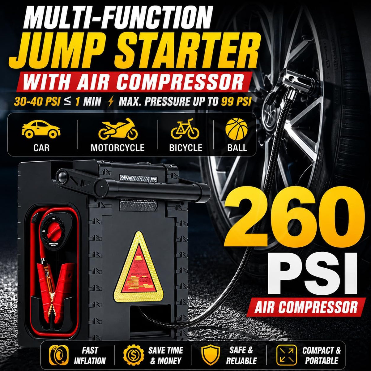 2000A Peak Heavy-Duty Jump Starter with 260 PSI Air Compressor, 12V Jump Box for Cars, Trucks & SUVs, Up to 8.0L Gas or Diesel Engines, 20,000mAh Power Pack, USB/DC Ports & 400-Lumen LED Light