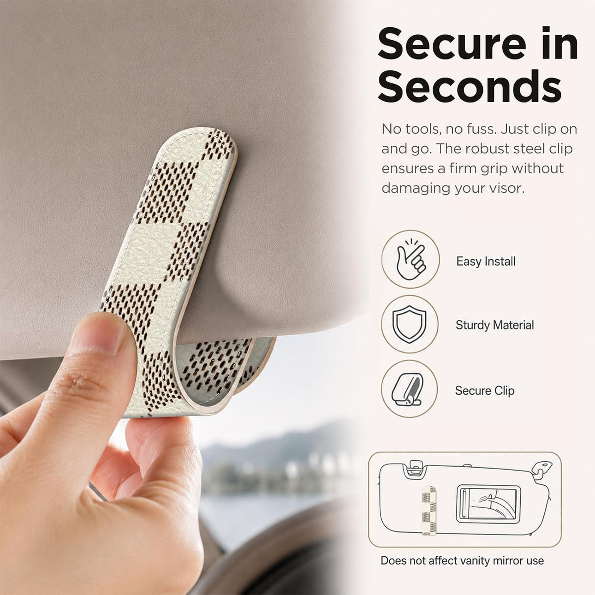 Sunglasses Holder for Car Visor, PU Leather Glasses Clip Organizer, Cute Magnetic Eyeglass Holder for Vehicle Sun Visor, Car Interior Accessory for Women & Men, Beige Check