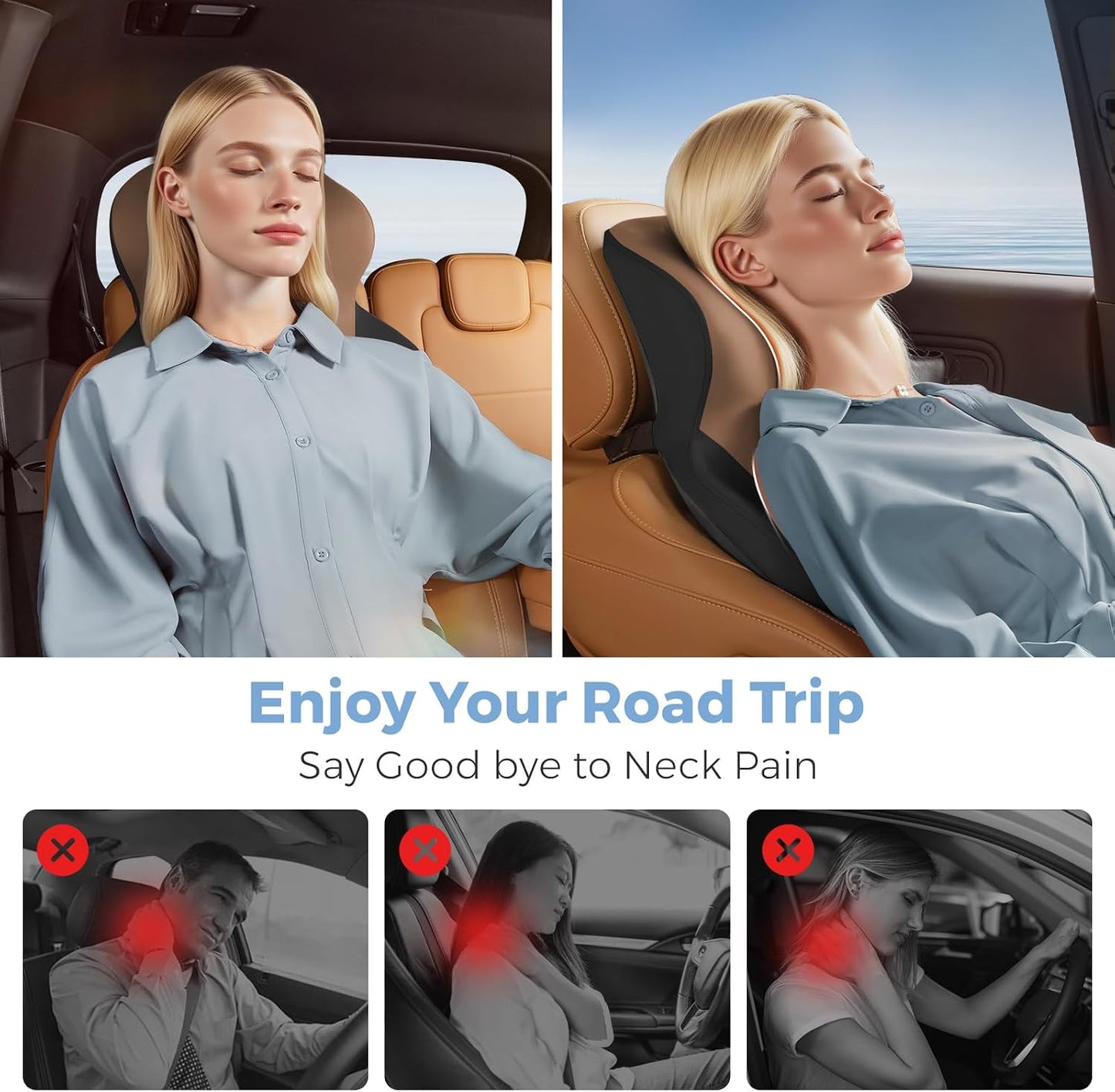 BEBAS Car Headrest Pillow, Ergonomic Neck Pillow with Memory Foam, Enlarged Surface for Head Neck Shoulder Support, Breathable Removeable Car Seat Pillow for Pain Relief(BlackCoffee, 1 Pack)