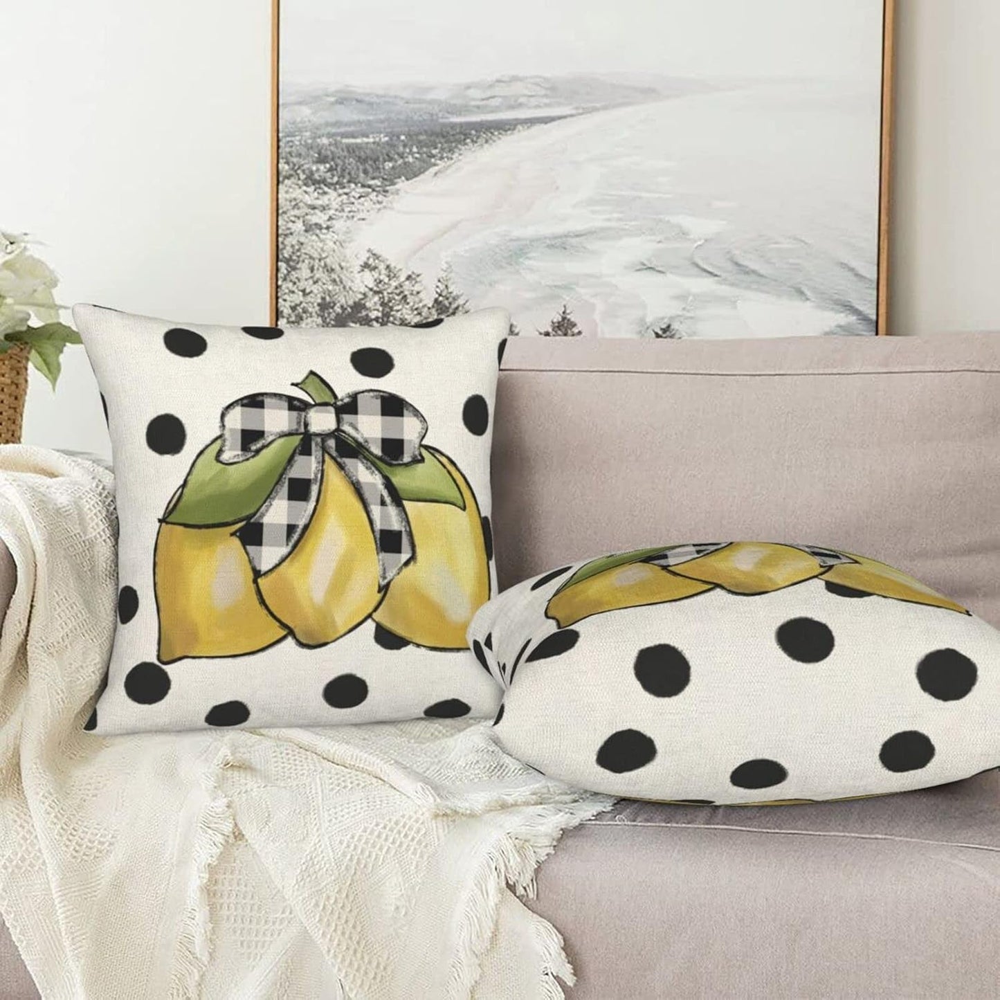 Summer Pillow Covers 18x18 Set of 2, Yellow Lemons Polka Dots Decorative Throw Pillow Cases Watercolor Summer Seasonal Linen Decorations for Home Bed Car Spring Decor