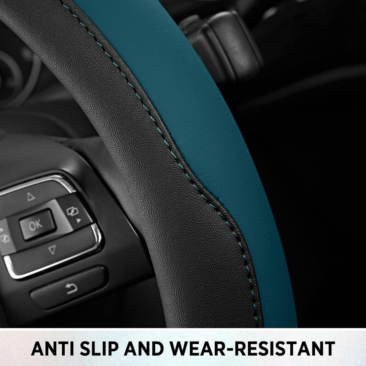 Road Comforts Steering Wheel Cover, Breathable Anti-Slip Leather Steering Wheel Cover, Universal Fit 14.5–15 Inch, Comfortable Grip - Blue Color