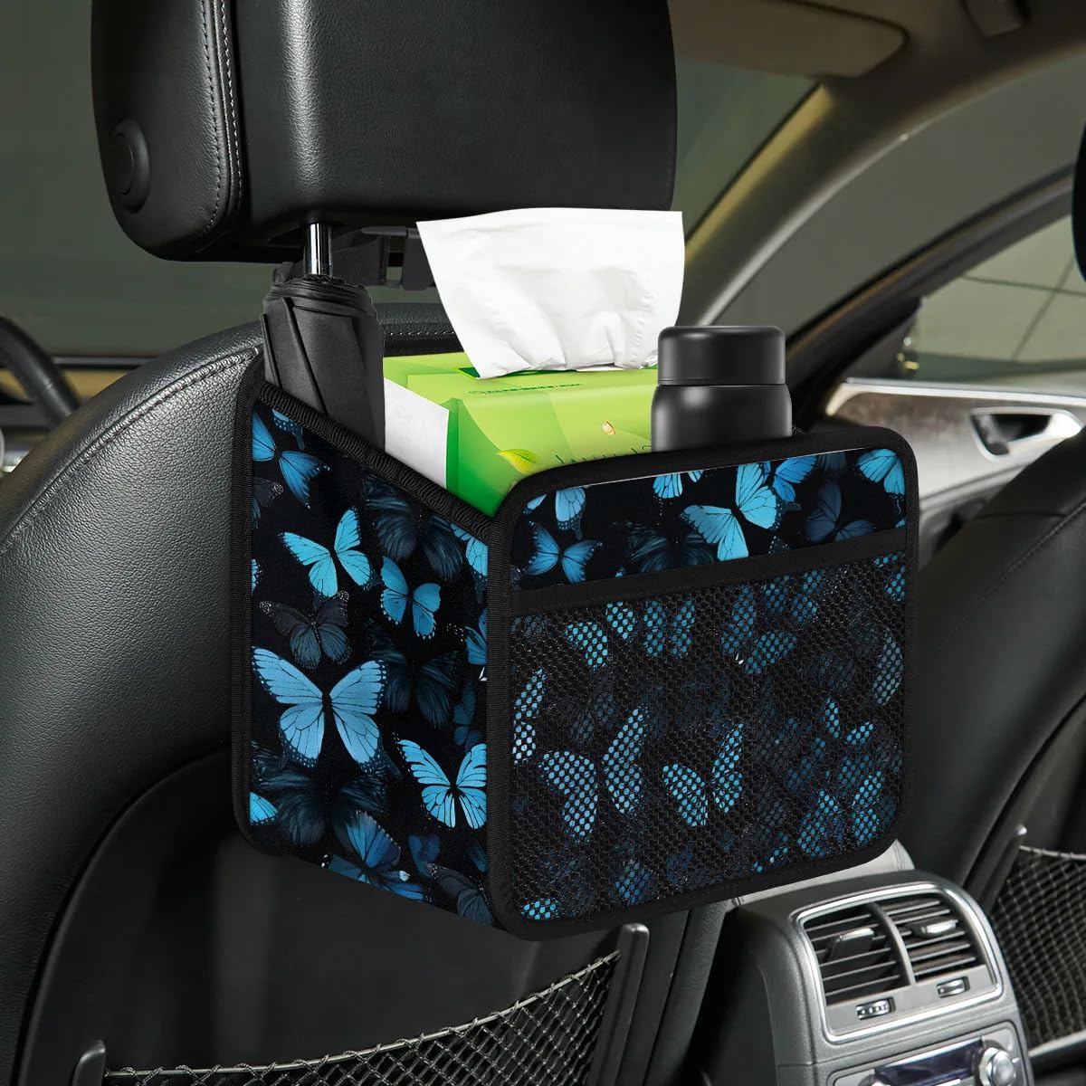 Car Backseat Organizer, PU Leather Back of Seat Cars Hanging Organizer with Pockets Leakproof Car Garbage Bag Hanging Cars Seat Storage Box Travel Accessories Foldable (Blue Butterfly)