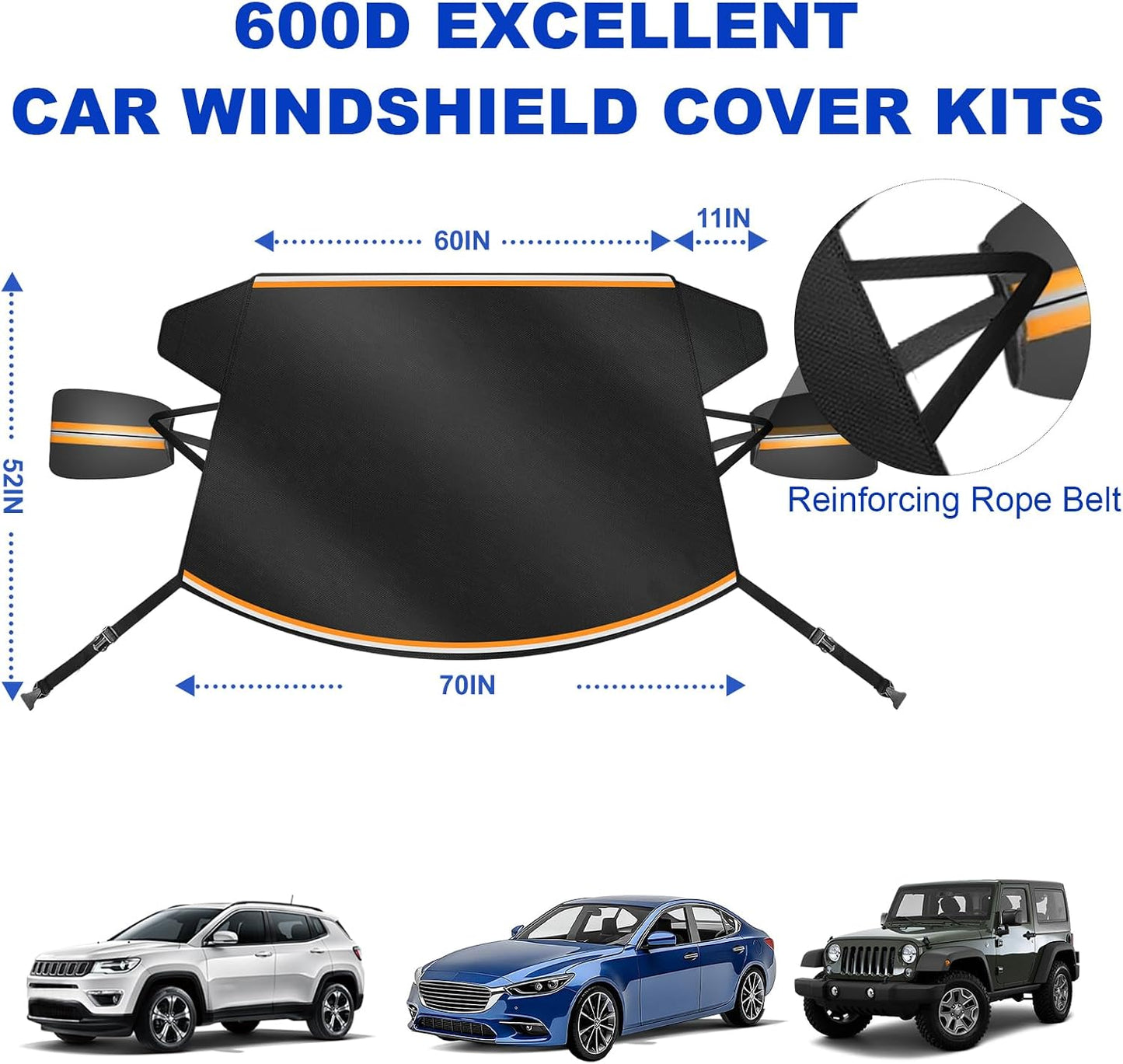 Car Windshield Cover for Snow and Ice, Car Windshield Snow Cover Kit with Side Mirror Cover, 600D Frost Guard Windshield Cover, Winter Frost Hail Protector for Sedan Truck SUV and MPV