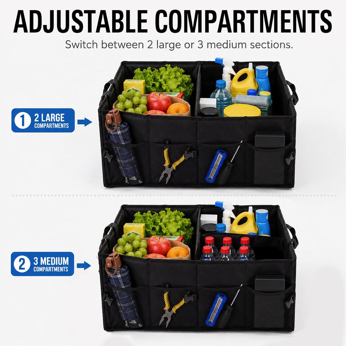 Car Trunk Organizer, Collapsible 3-Compartment Box，Black