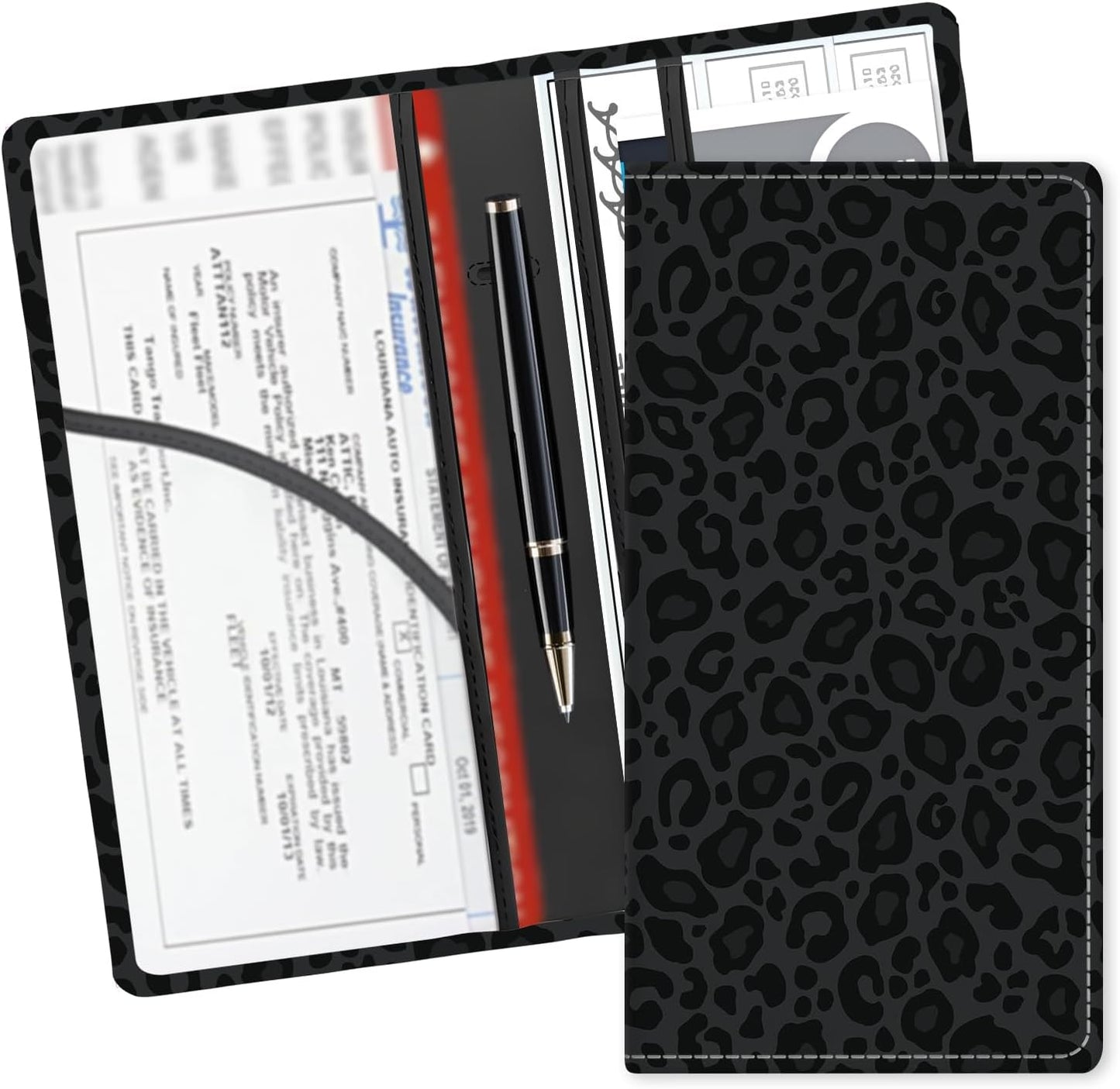 Leather Car Registration and Insurance Card Holder, Cute Car Accessories Vehicle Glove Box Car Organizer for Documents, Cards, License Luxury Black Leopard